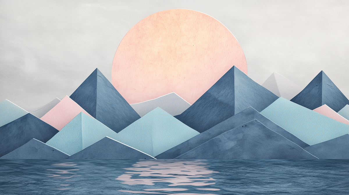 Abstract Blue Mountains in Cubism Style Mural - Peel and Stick Sunset