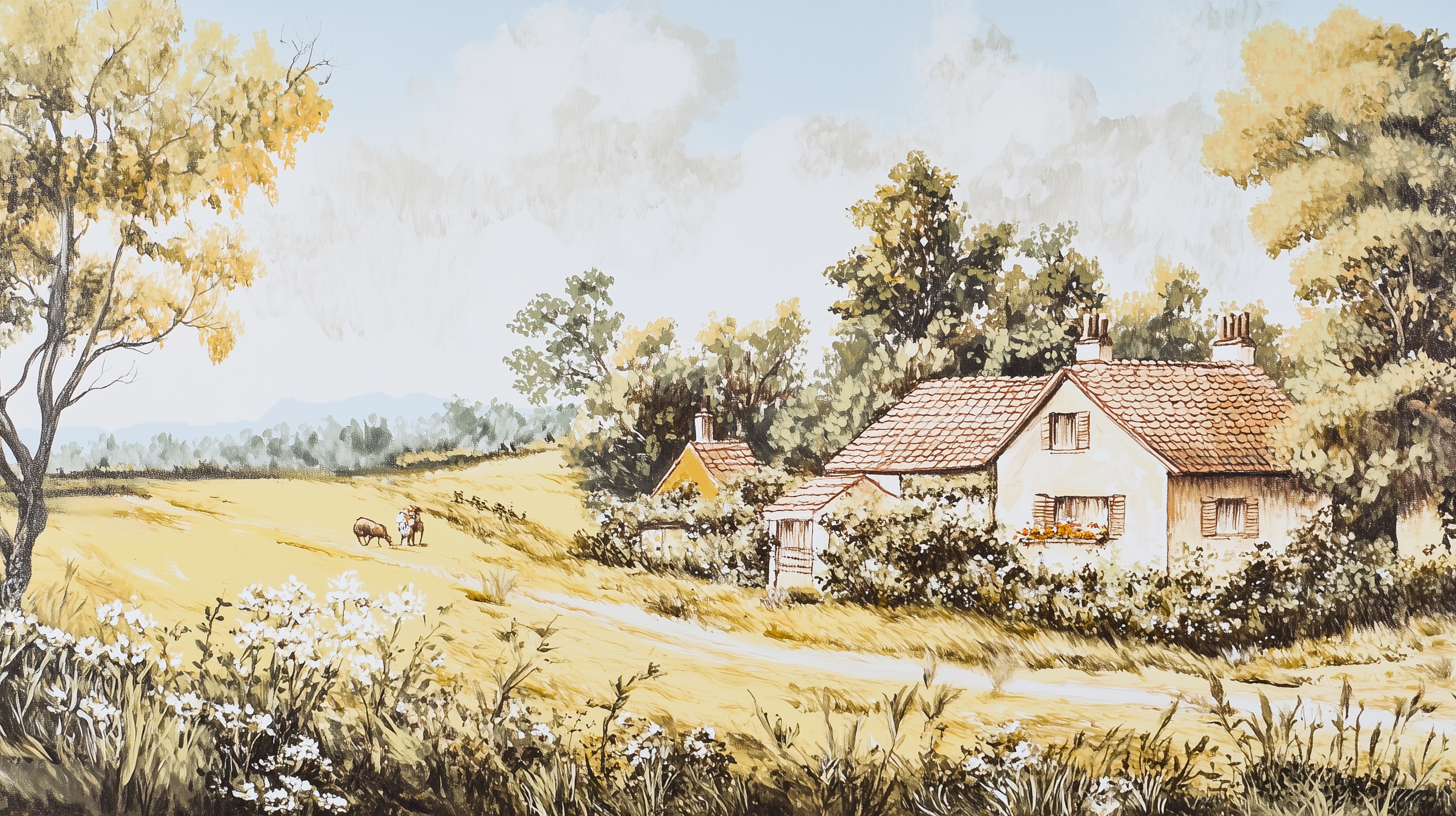 Peel-and-stick mural with oil painting of French homes and trees.
Timeless vintage French countryside mural for home decor.