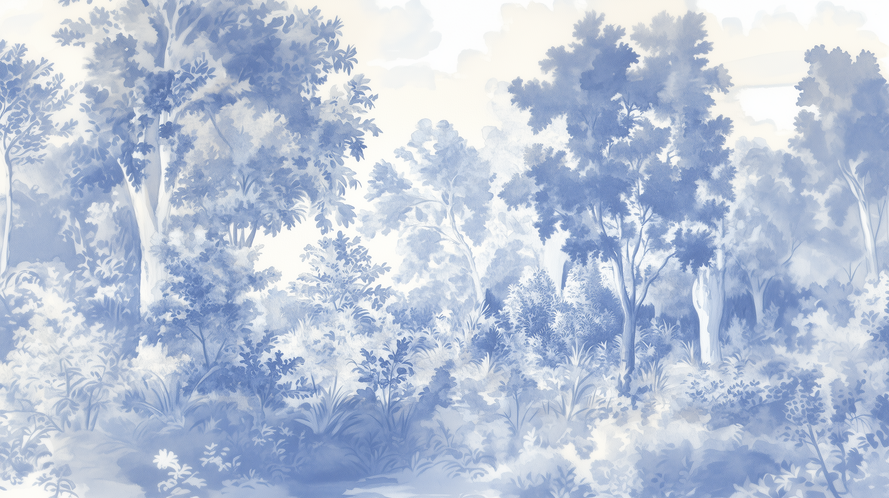 Blue monochrome forest mural in classic French style.
Removable forest wallpaper in Toile de Jouy design.