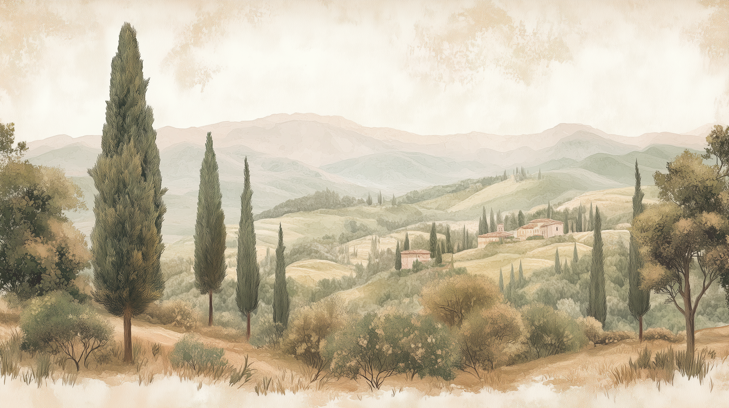 Peel-and-stick vintage landscape mural for living room.
Retro watercolor landscape wallpaper for timeless decor.