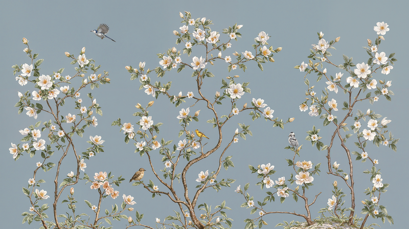 Dusty Blue Chinoiserie Wallpaper with White Cherry Blossoms and Songbi