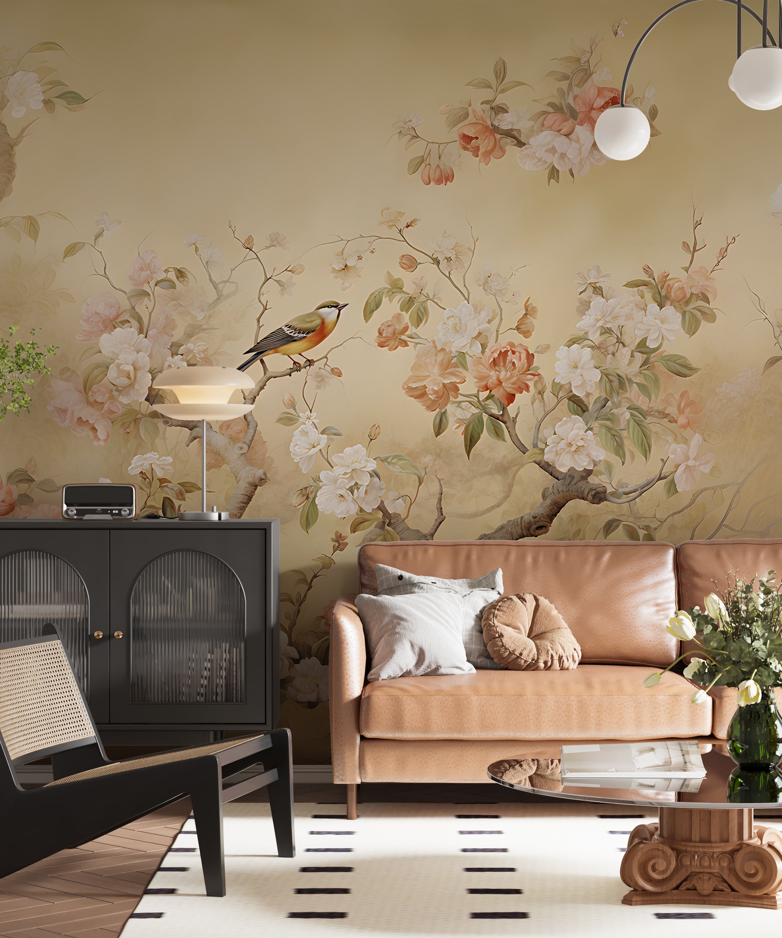 Chinoiserie Wallpaper with Bird and Flowers