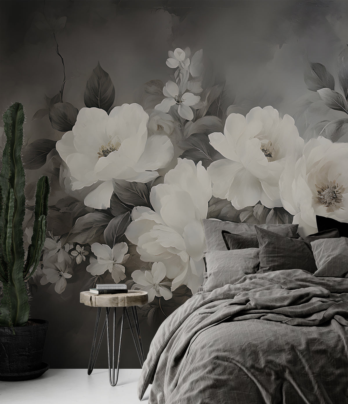 Dark Botanical Mural - Black and White Peony Wallpaper