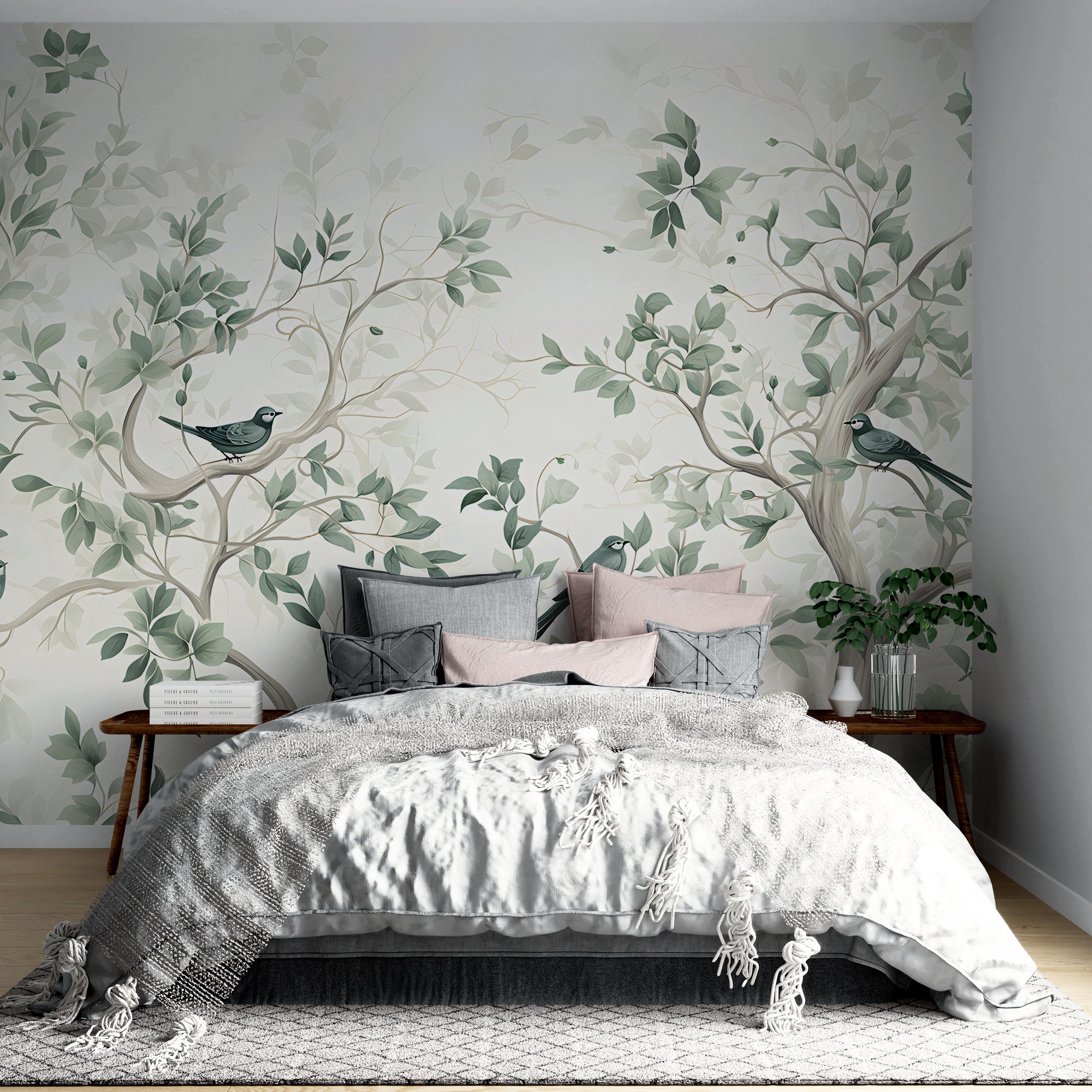 Watercolor Tree and Birds Peel and Stick Mural