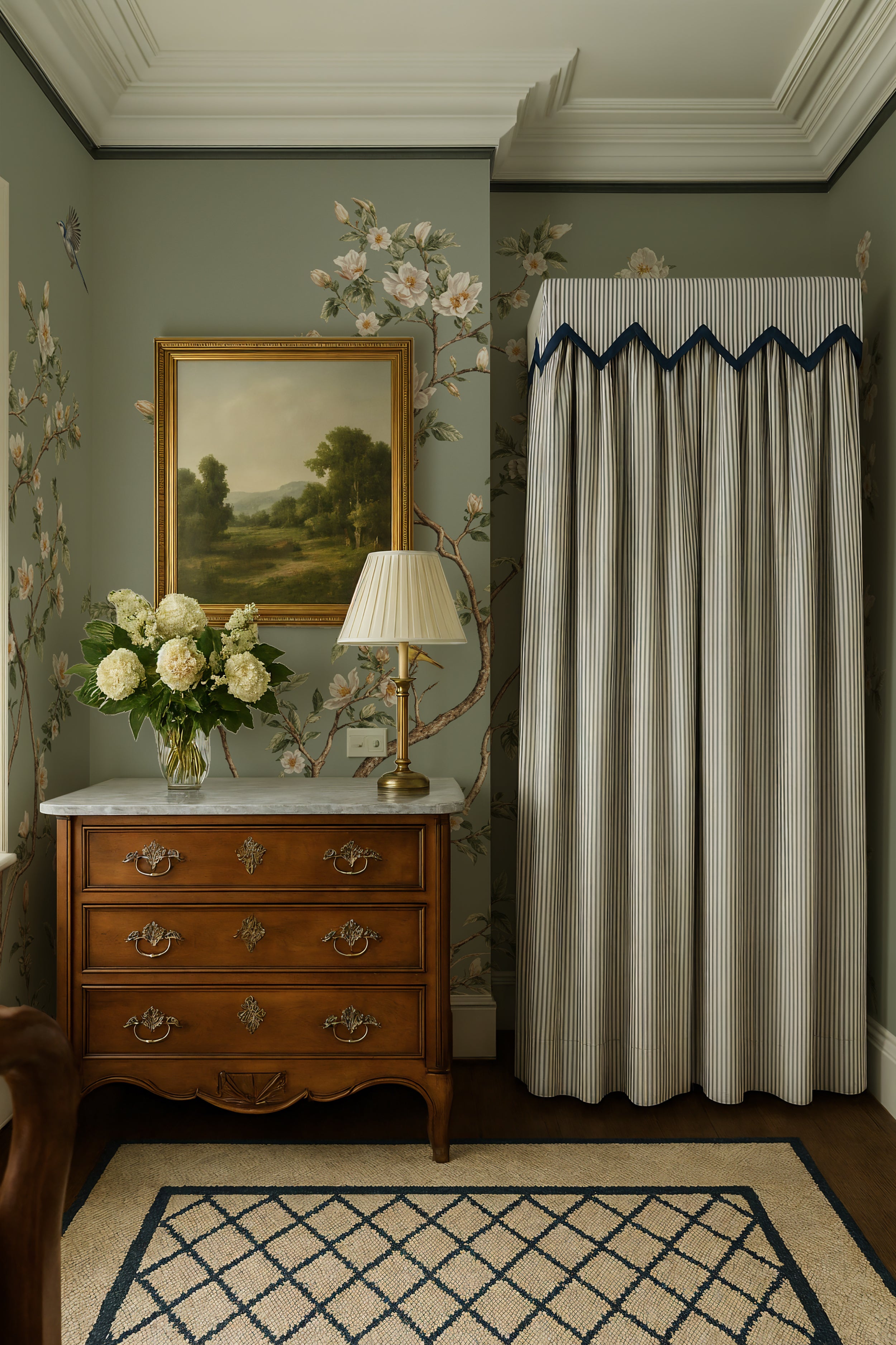 Muted green chinoiserie wall mural

White cherry blossom wallpaper