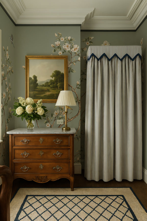 Muted Green Chinoiserie Wallpaper with White Cherry Blossoms and Birds
