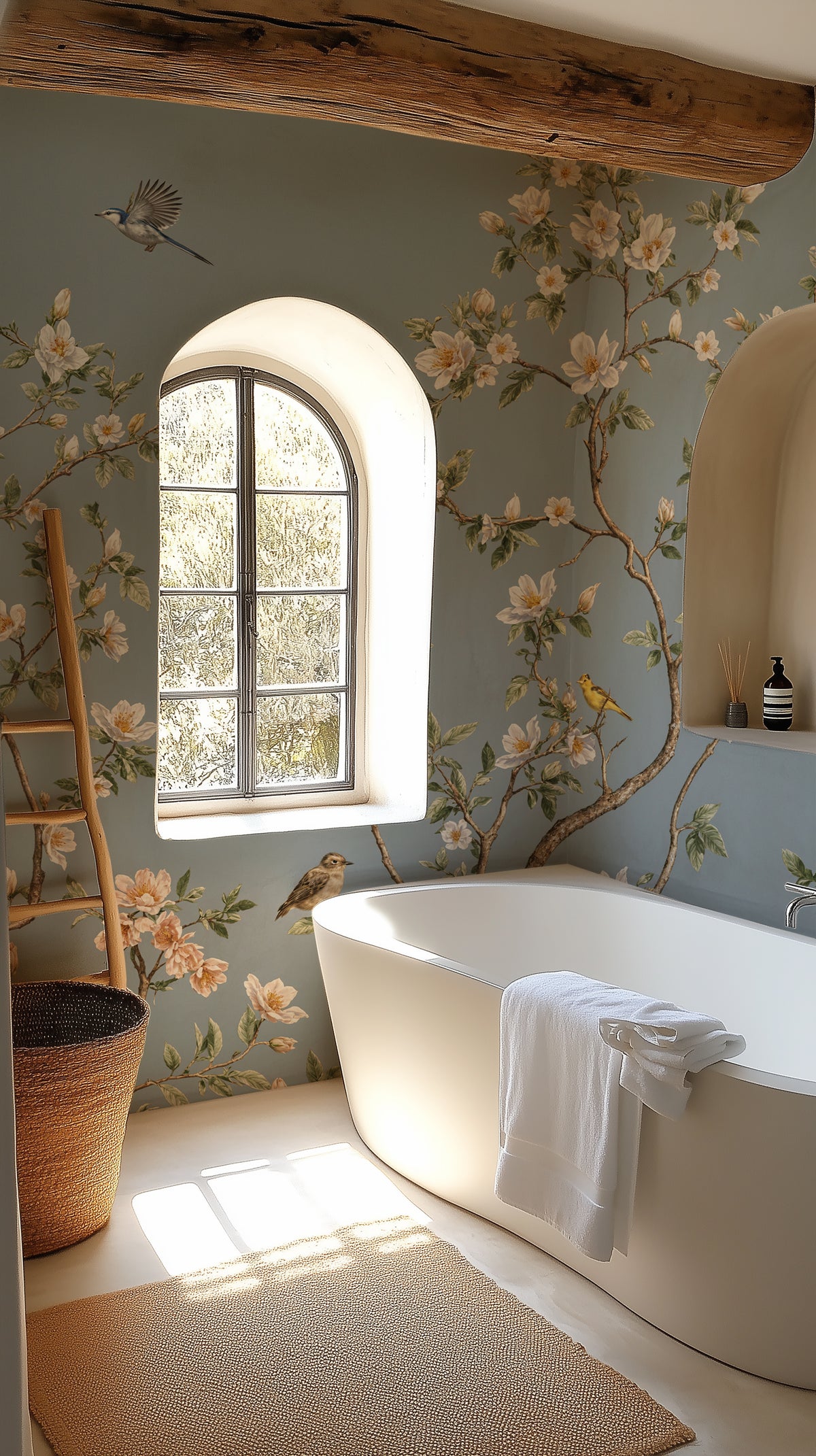 Dusty Blue Chinoiserie Wallpaper with White Cherry Blossoms and Songbi