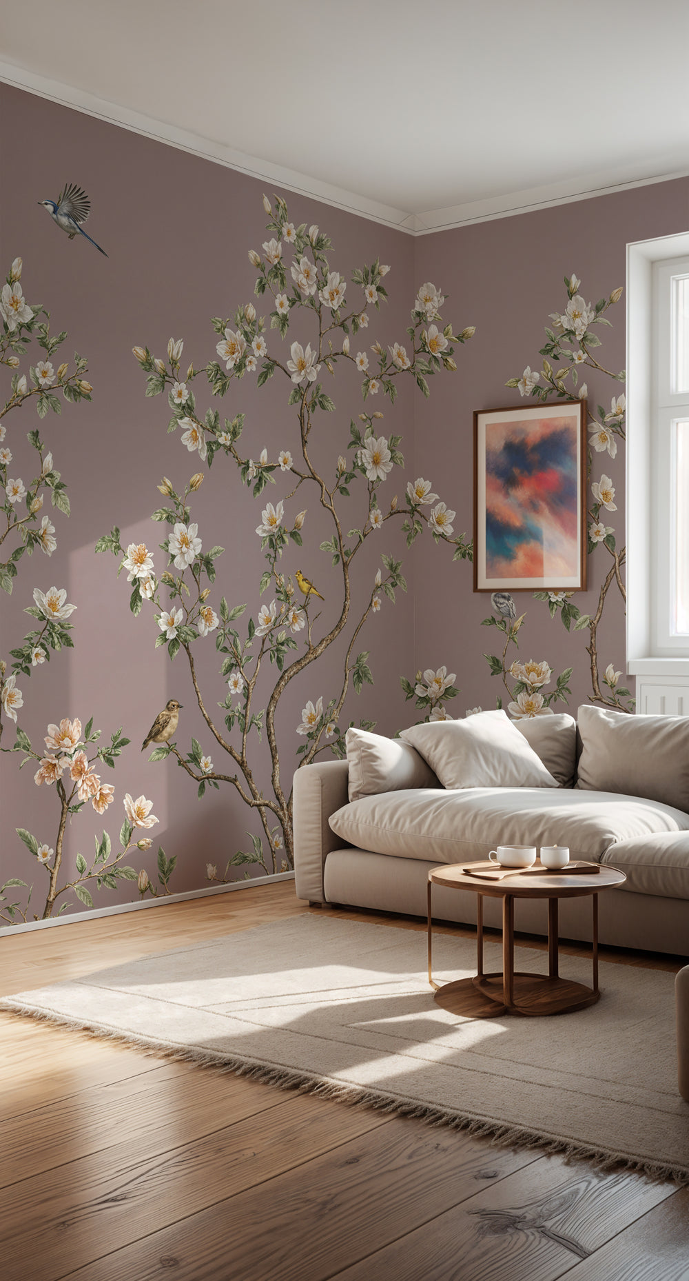 Dusty Rose Chinoiserie Wallpaper with White Cherry Blossoms and Birds