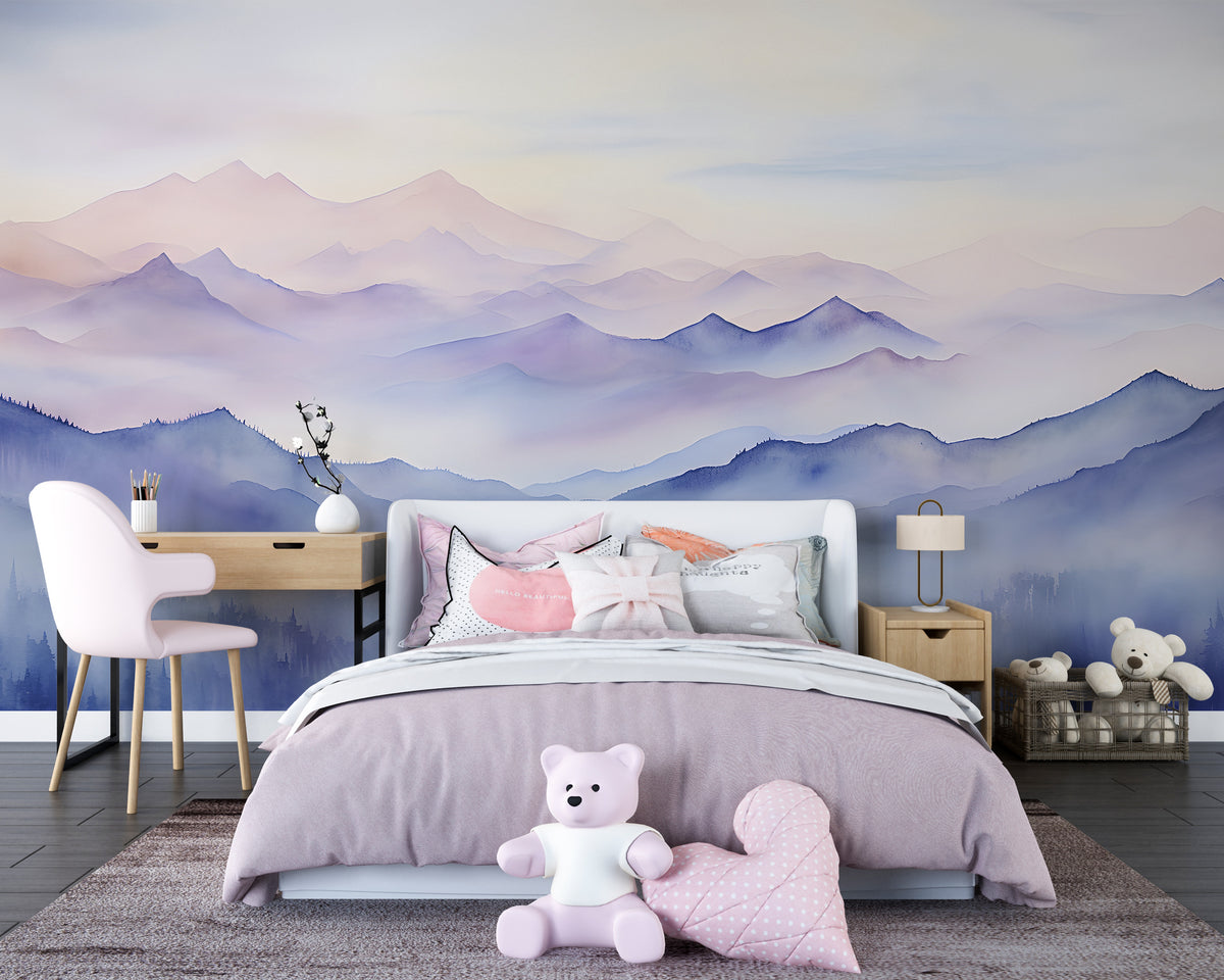 Purple Mountain Mural - Nursery Peel and Stick Watercolor Wallpaper