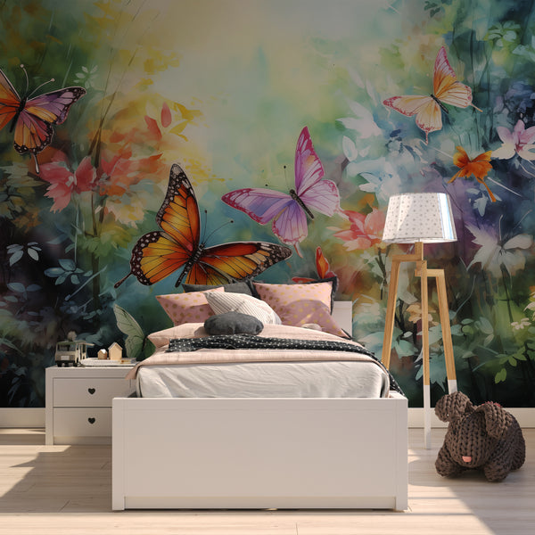 Colorful Butterflies Wall Mural - Watercolor Jungle Wallpaper