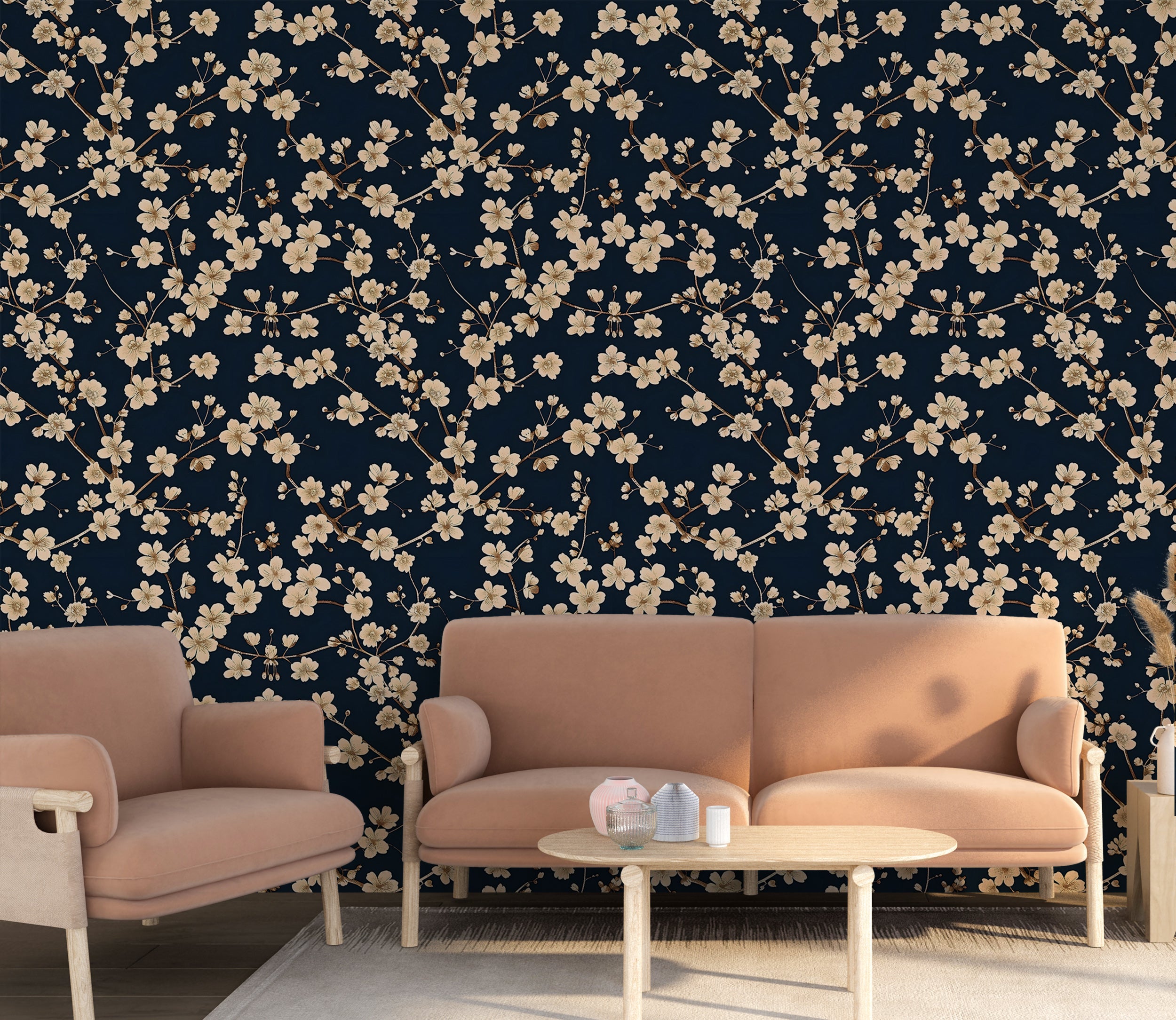 Navy Blue Botanical Wallpaper with Beige Flowers