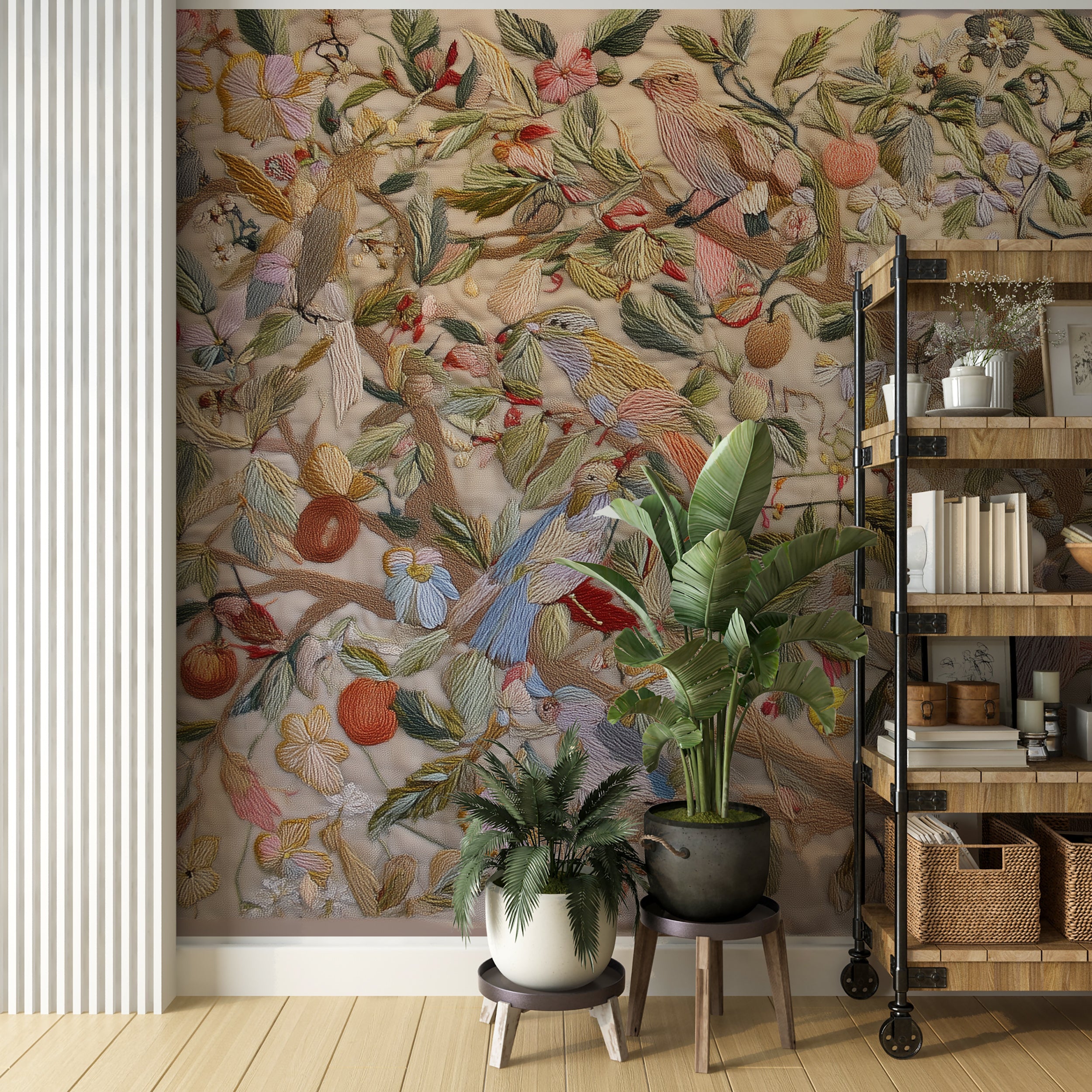 Colorful blossom tree mural

Embroidered parrots and fruit wallpaper