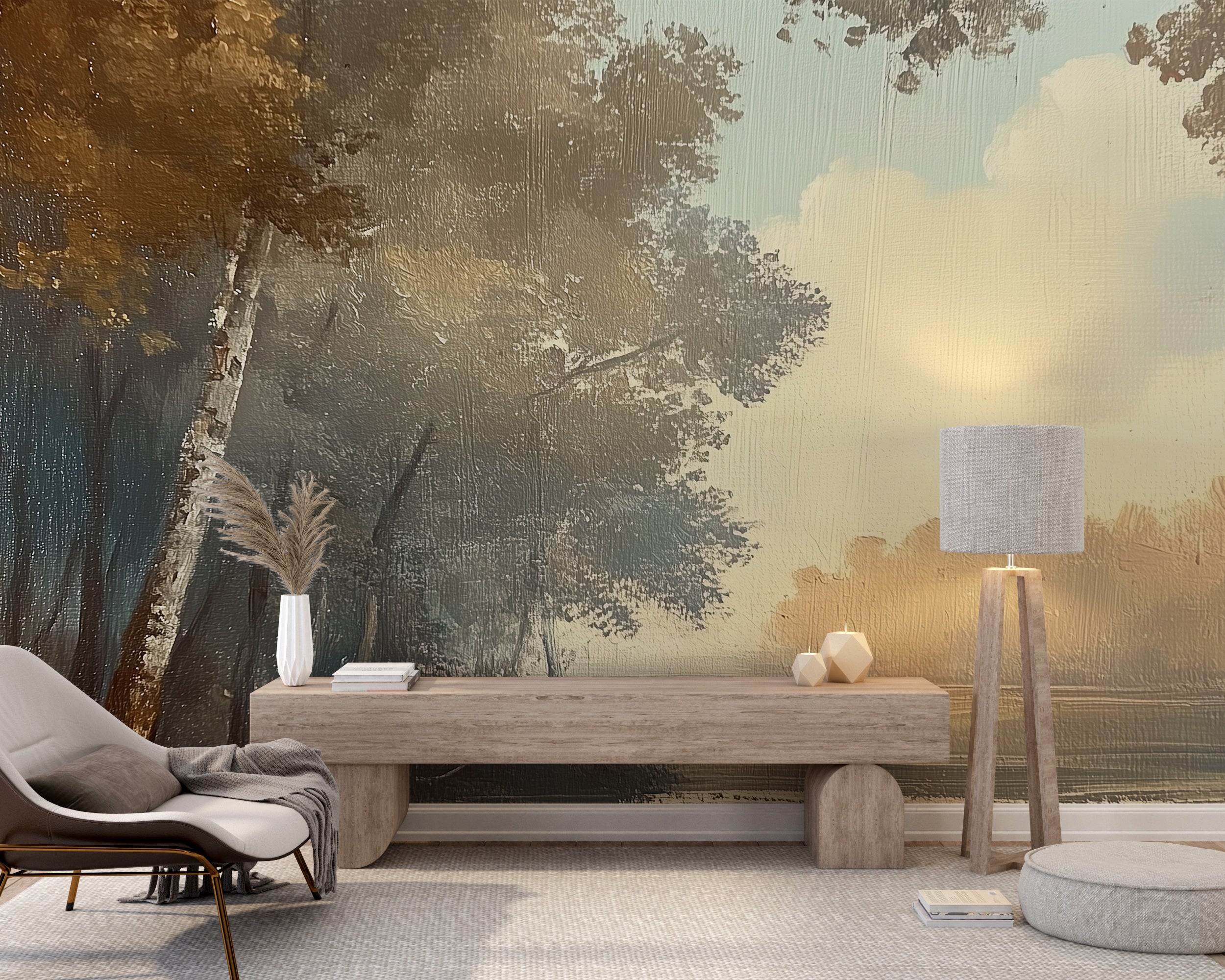 Tranquil birch landscape wall decor

Removable woodland scene wallpaper