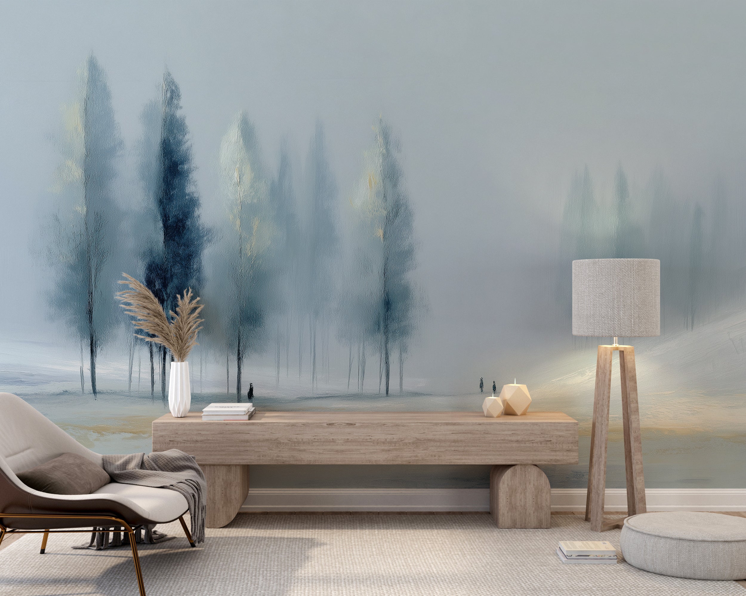 Subtle tree silhouette wall decor

Blue monochrome woodland mural