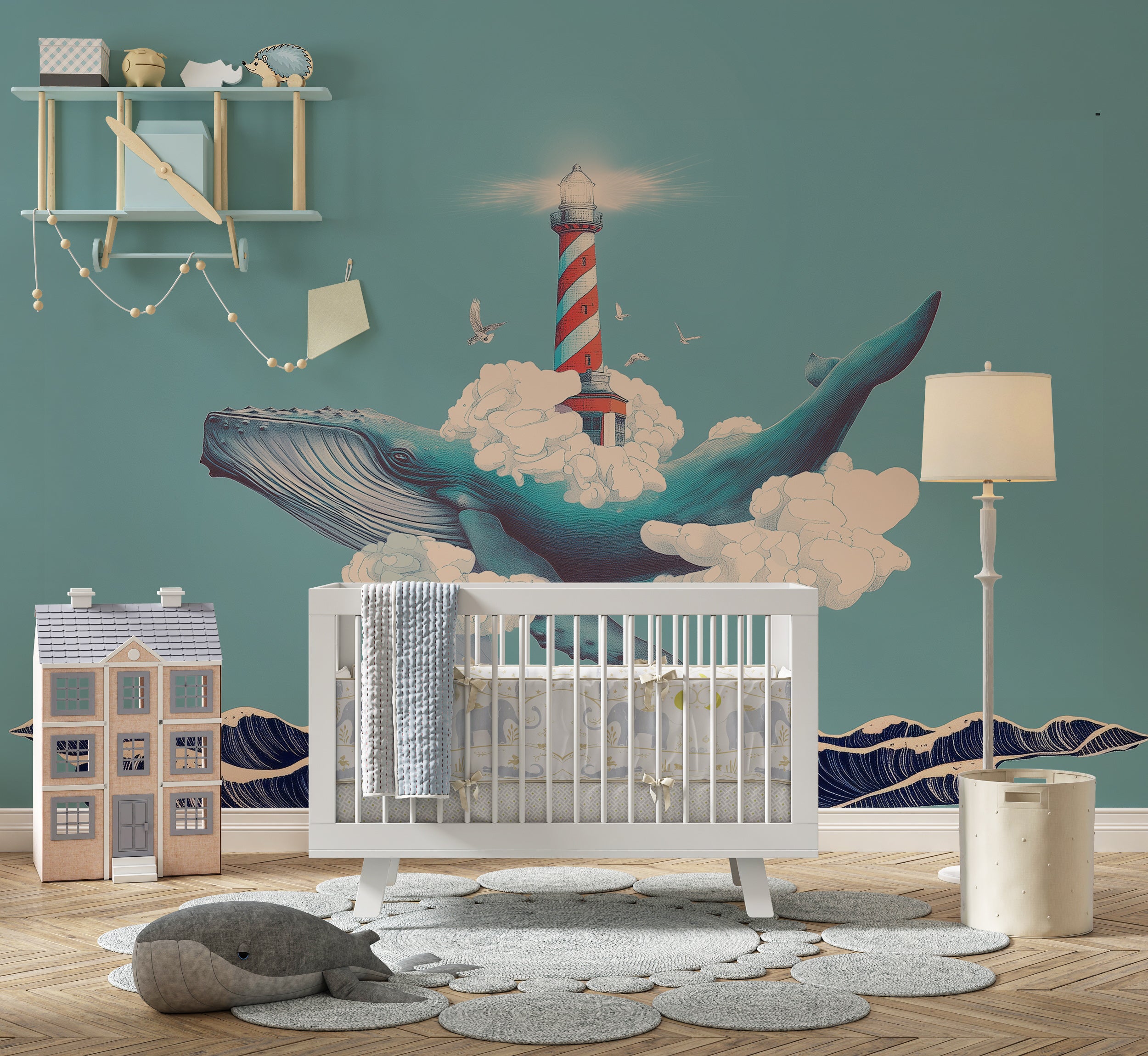 Whale holding lighthouse wall mural

Abstract ocean nursery mural