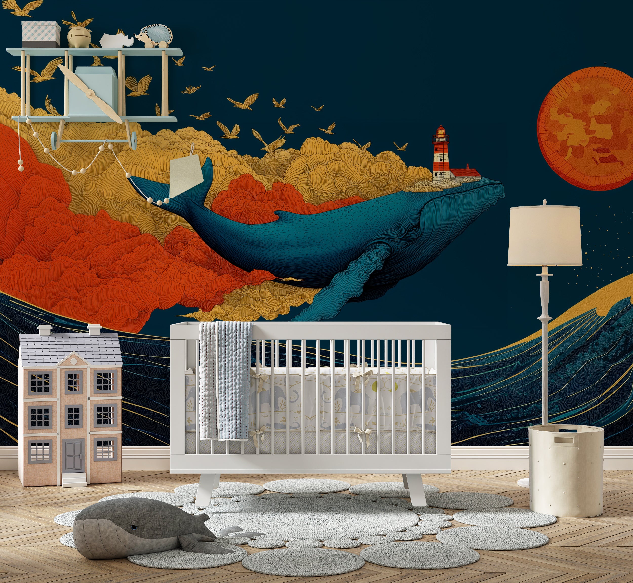 Peel and stick whale lighthouse mural

Ocean inspired statement wall decor