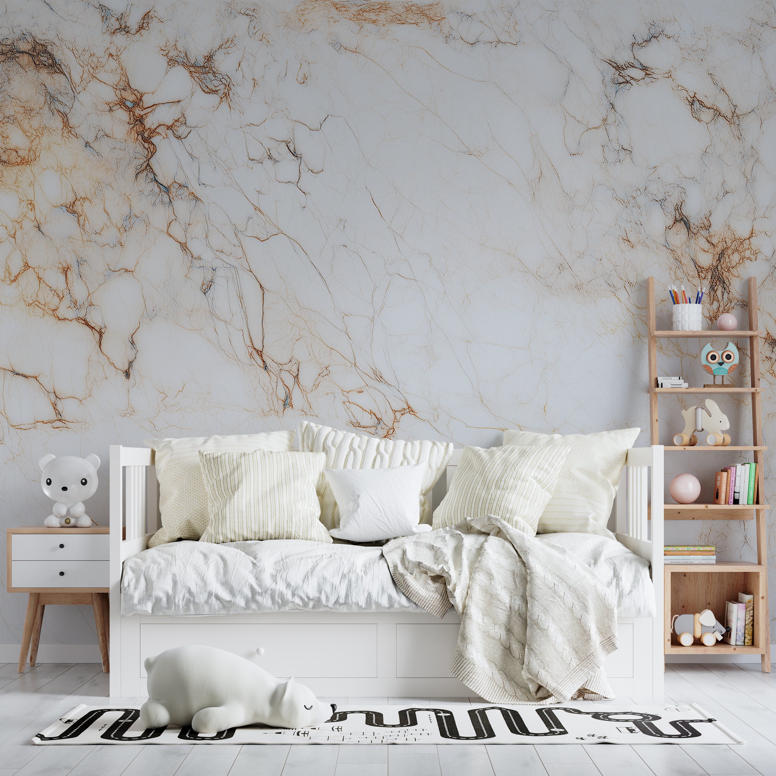 Elegant faux marble bathroom mural

Ivory and beige marble wallpaper