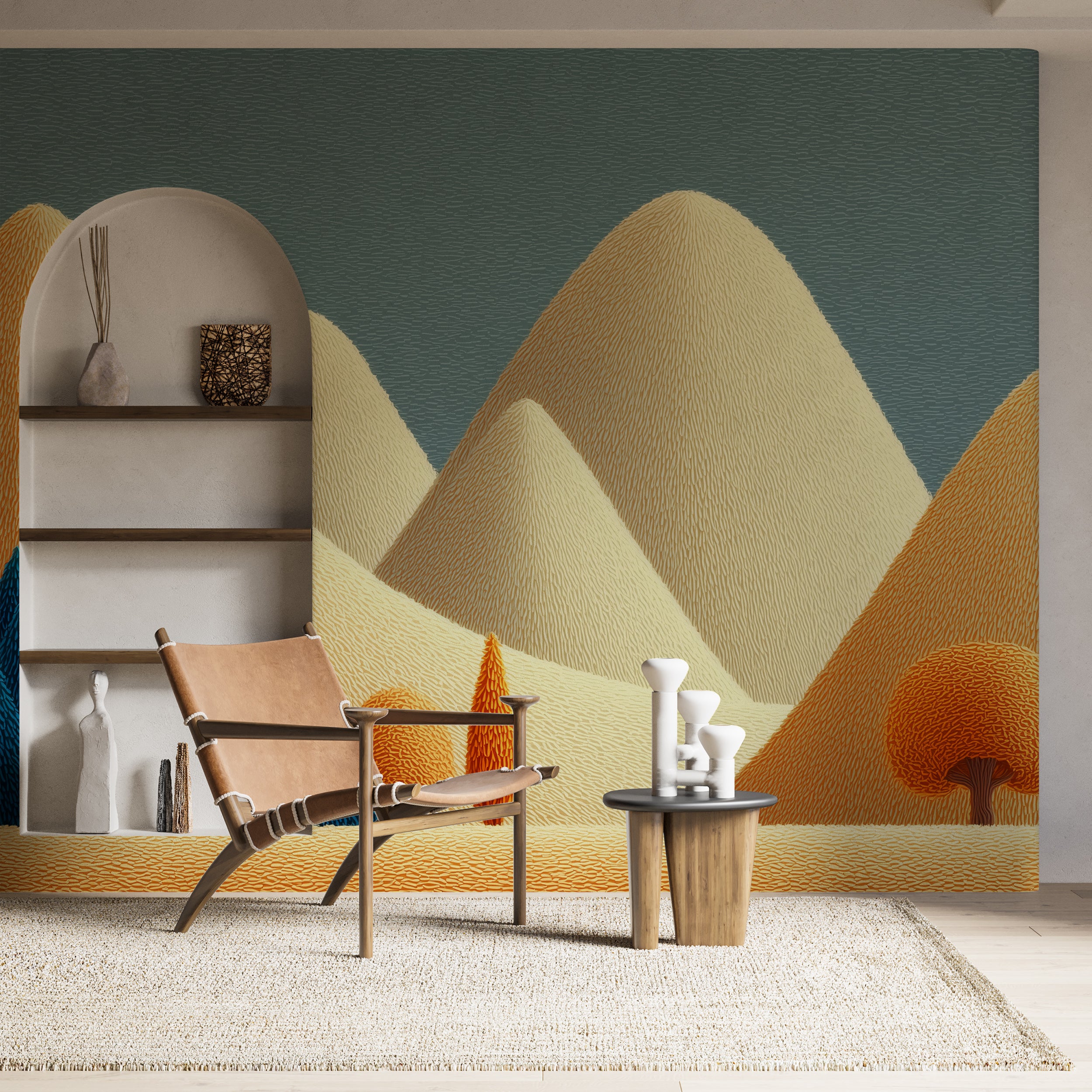 Minimalist kids mountain scene wallpaper

Gentle hills and tree mural
