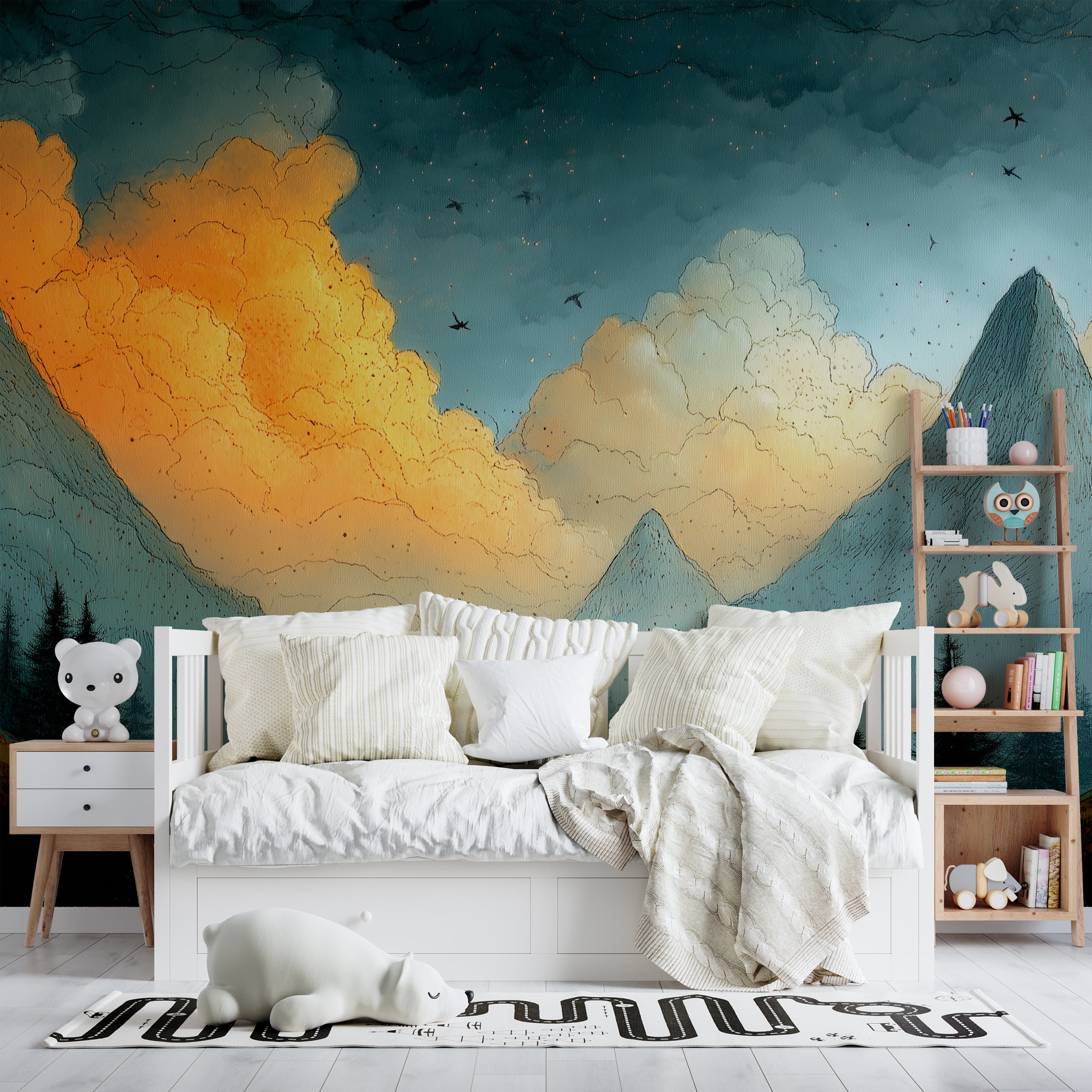 Dramatic painted peak mural design

Moody watercolor mountain wallpaper