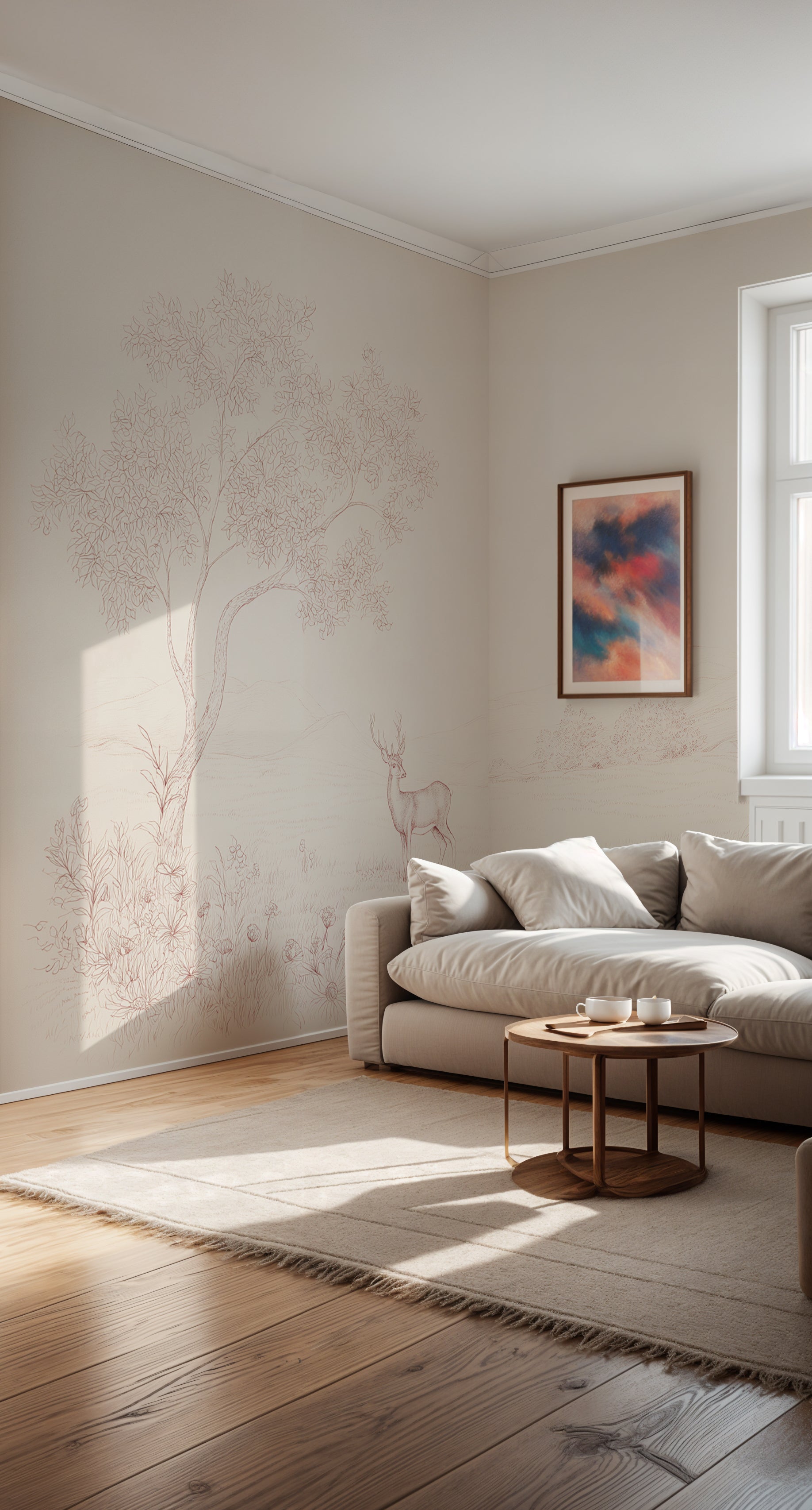 Minimalist deer and tree wall mural

Hand drawn pink forest scene wallpaper