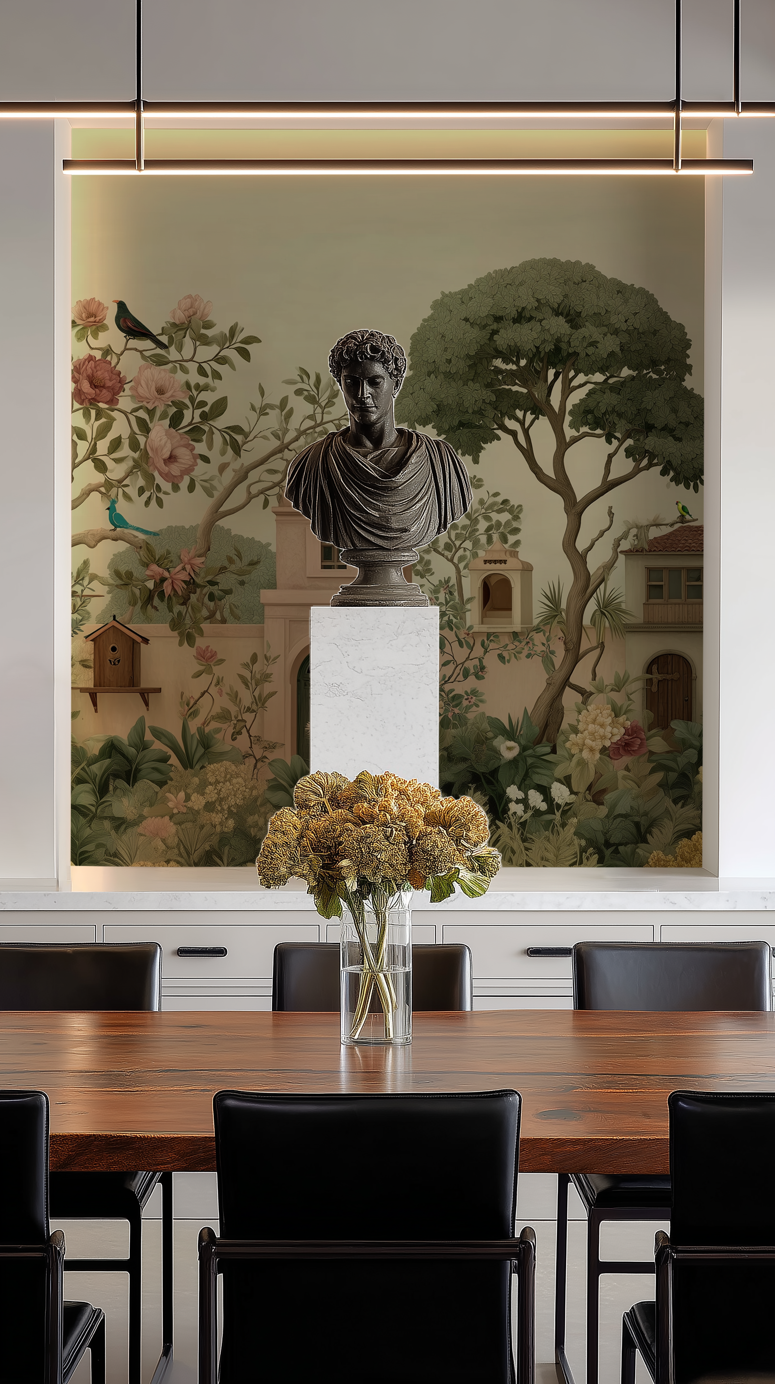 Vintage mural of pastel houses and botanical trees with birds in a soft cream and green color palette

