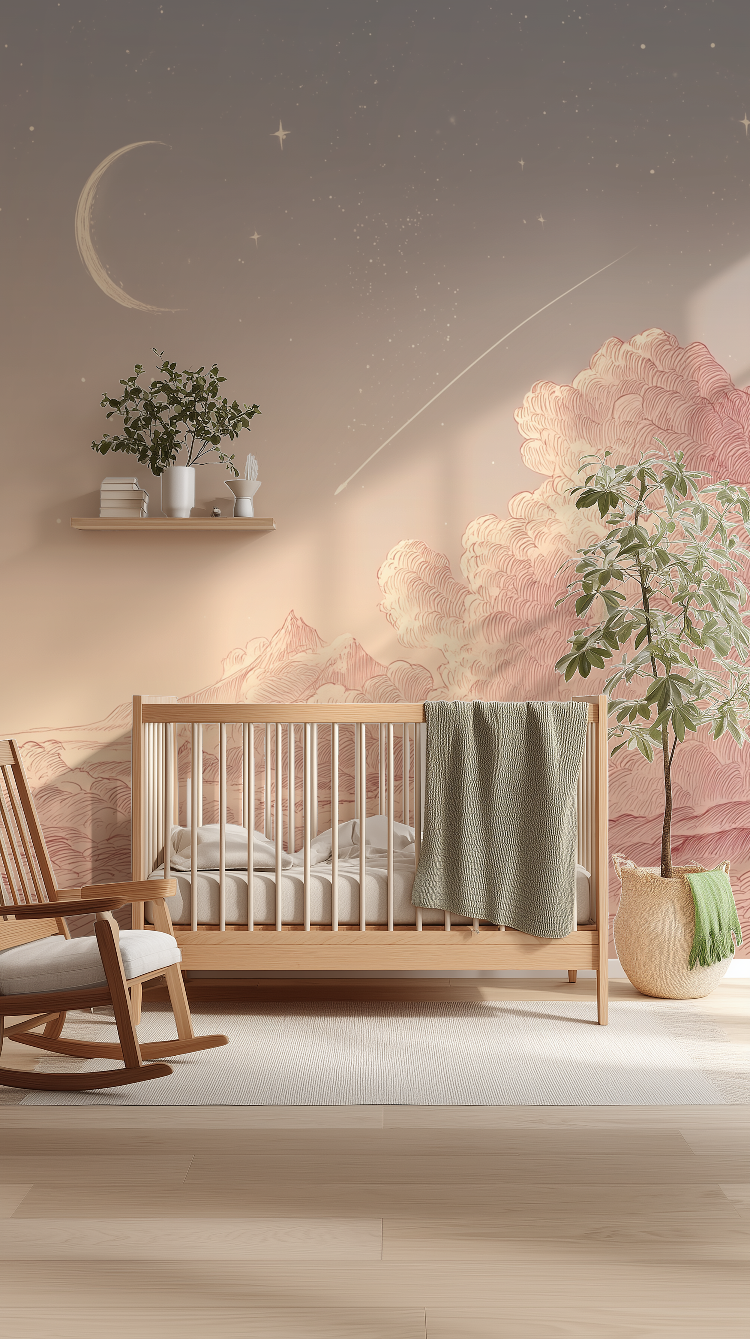 Pink cloud mural with stars and crescent moon

Dreamy sky wall art for nursery or bedroom
