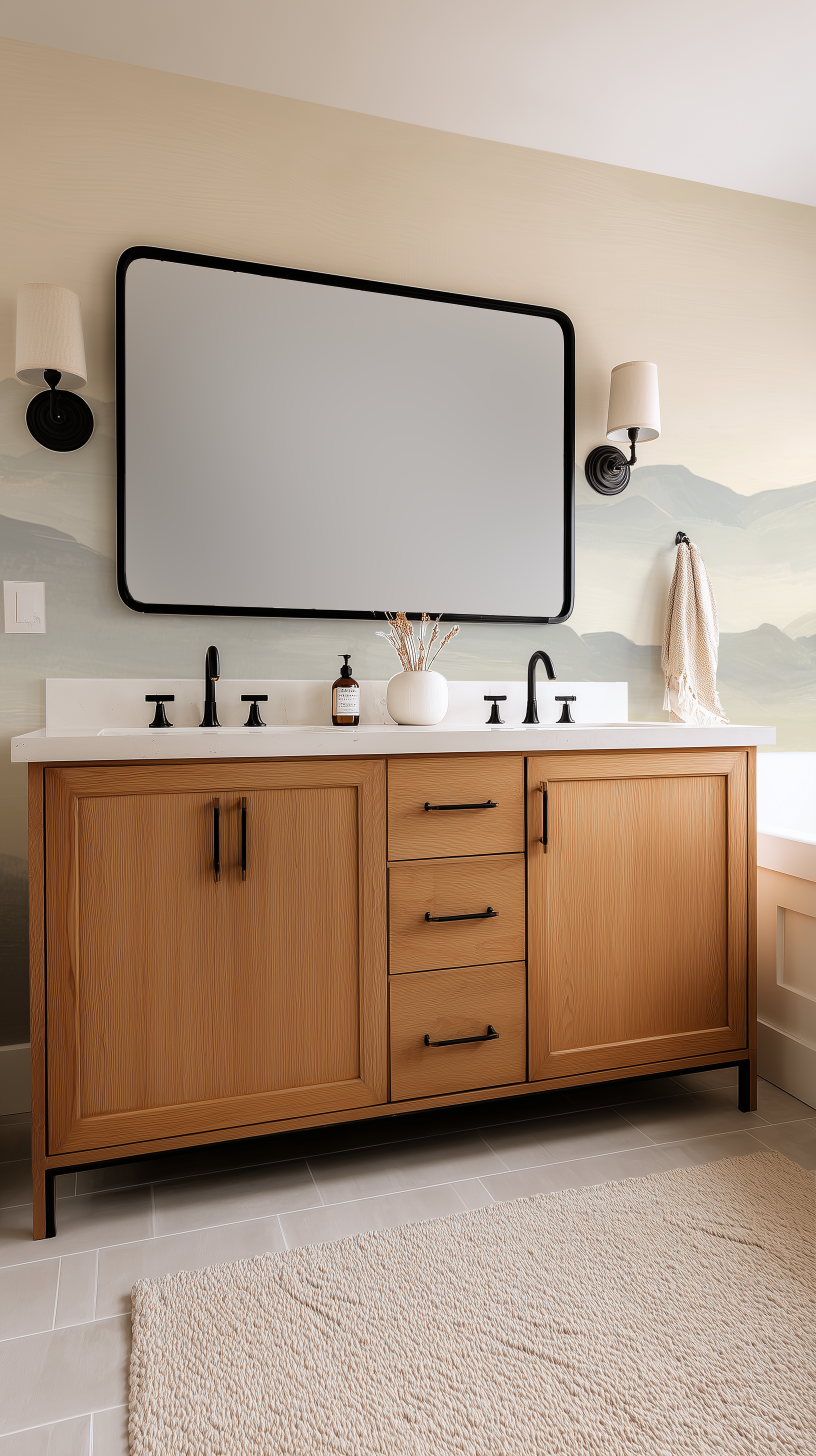 Minimalist mountain wall mural in neutral tones

Soft beige and grey abstract mountain wallpaper