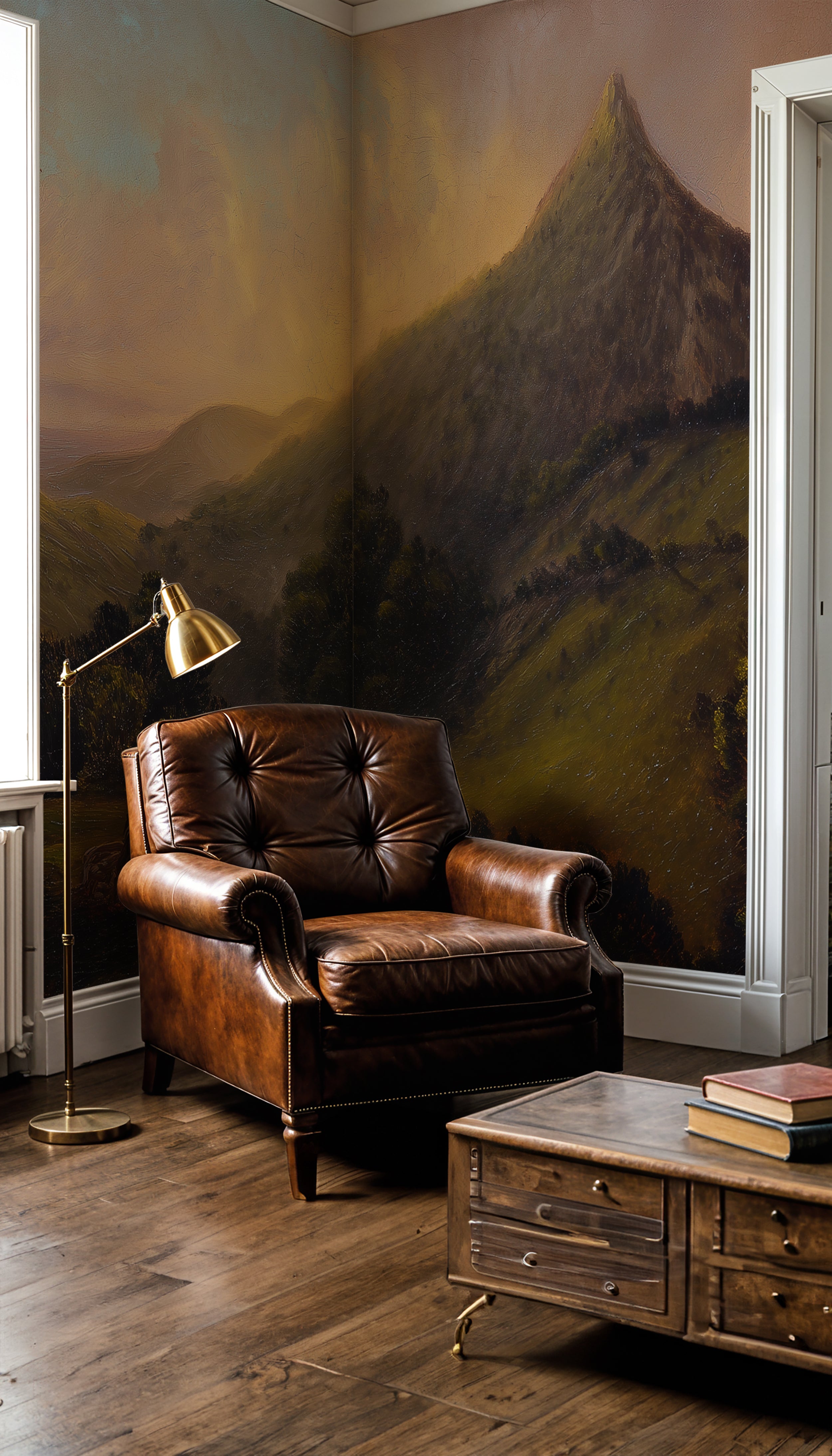 Dramatic oil painting mountain sunset mural

Classic mountain landscape wallpaper in warm tones