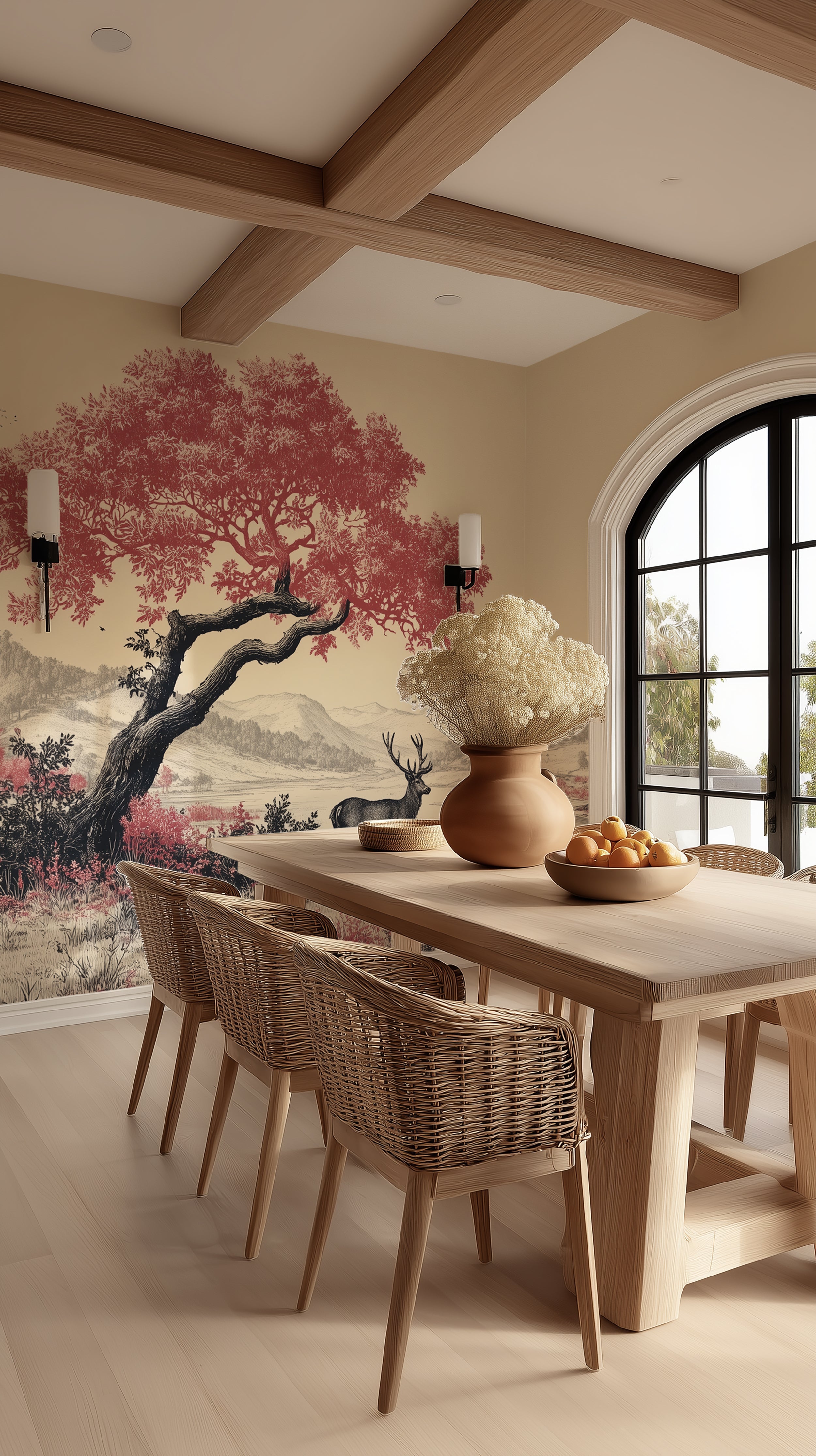 Vibrant pink tree river valley mural
Turquoise stream and colorful landscape wallpaper