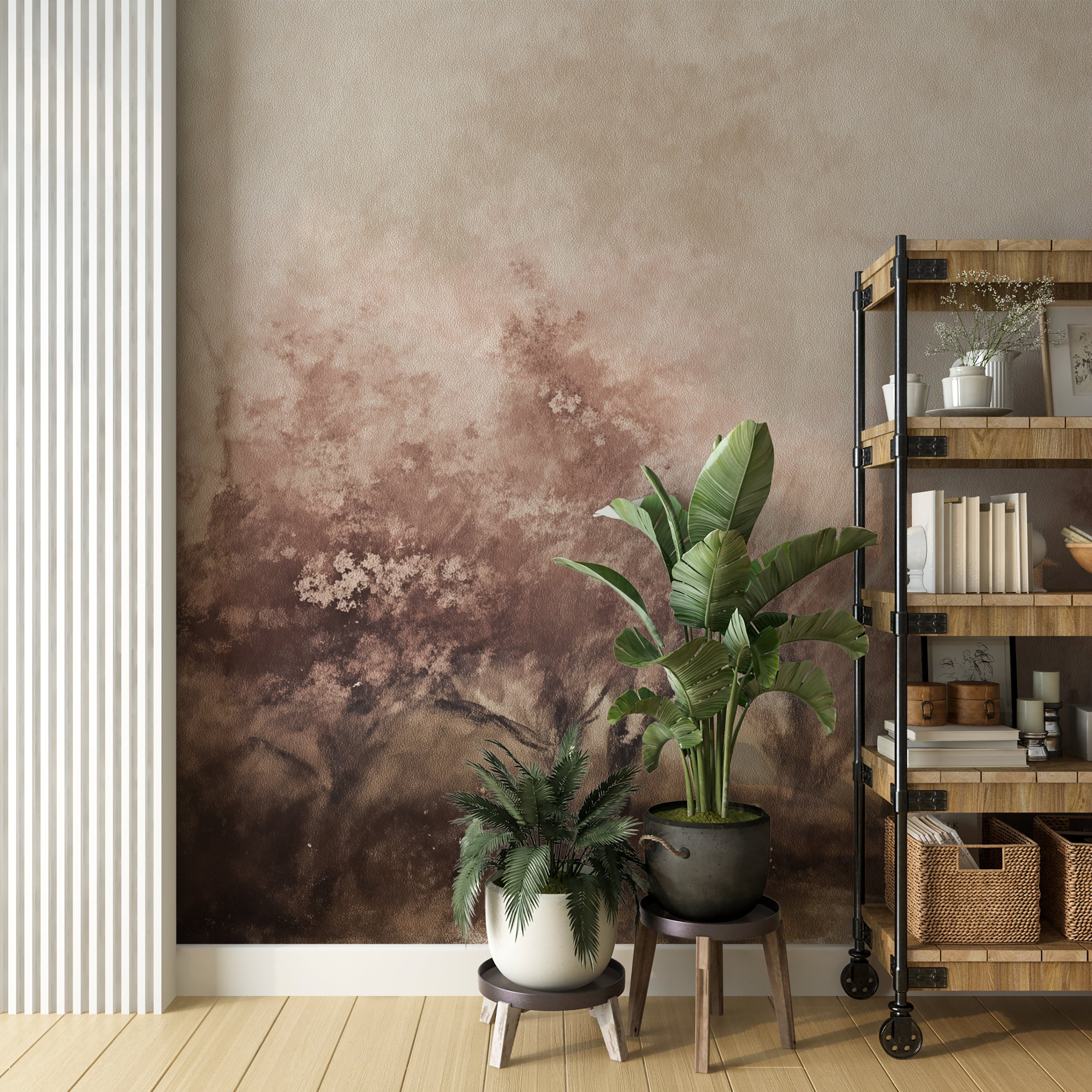 Blush Sakura Forest Mural Soft Japanese Cherry Blossom Trees on Beige Background Wall Art