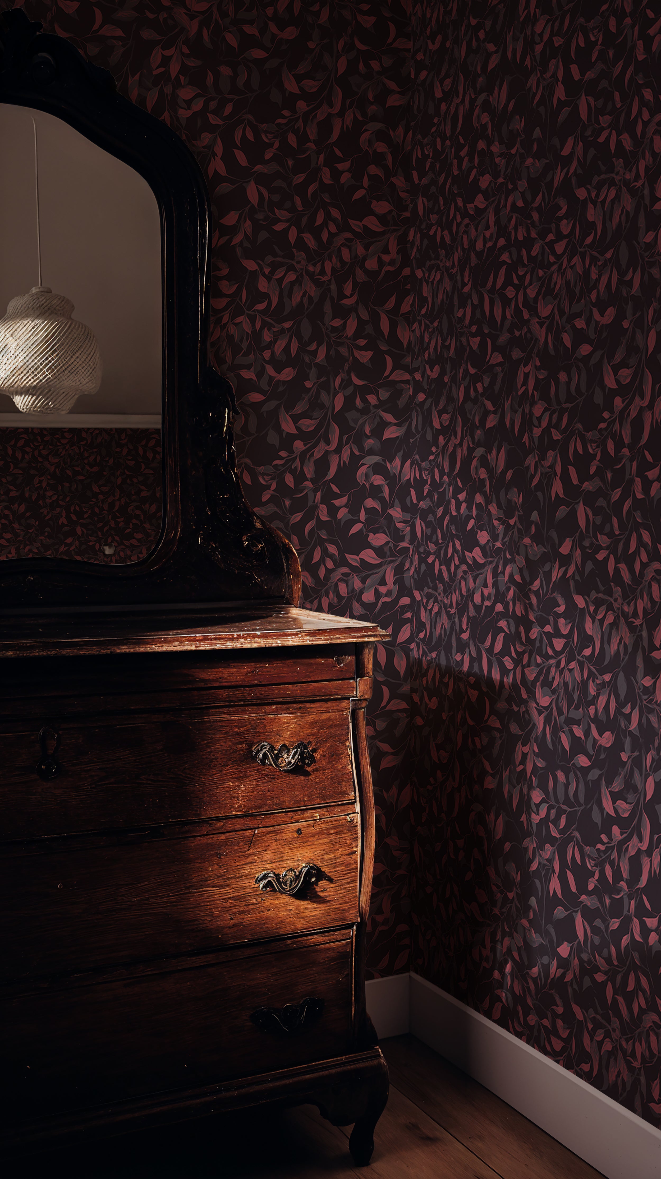 Red leaf wallpaper with dark background

Botanical vine mural with crimson foliage