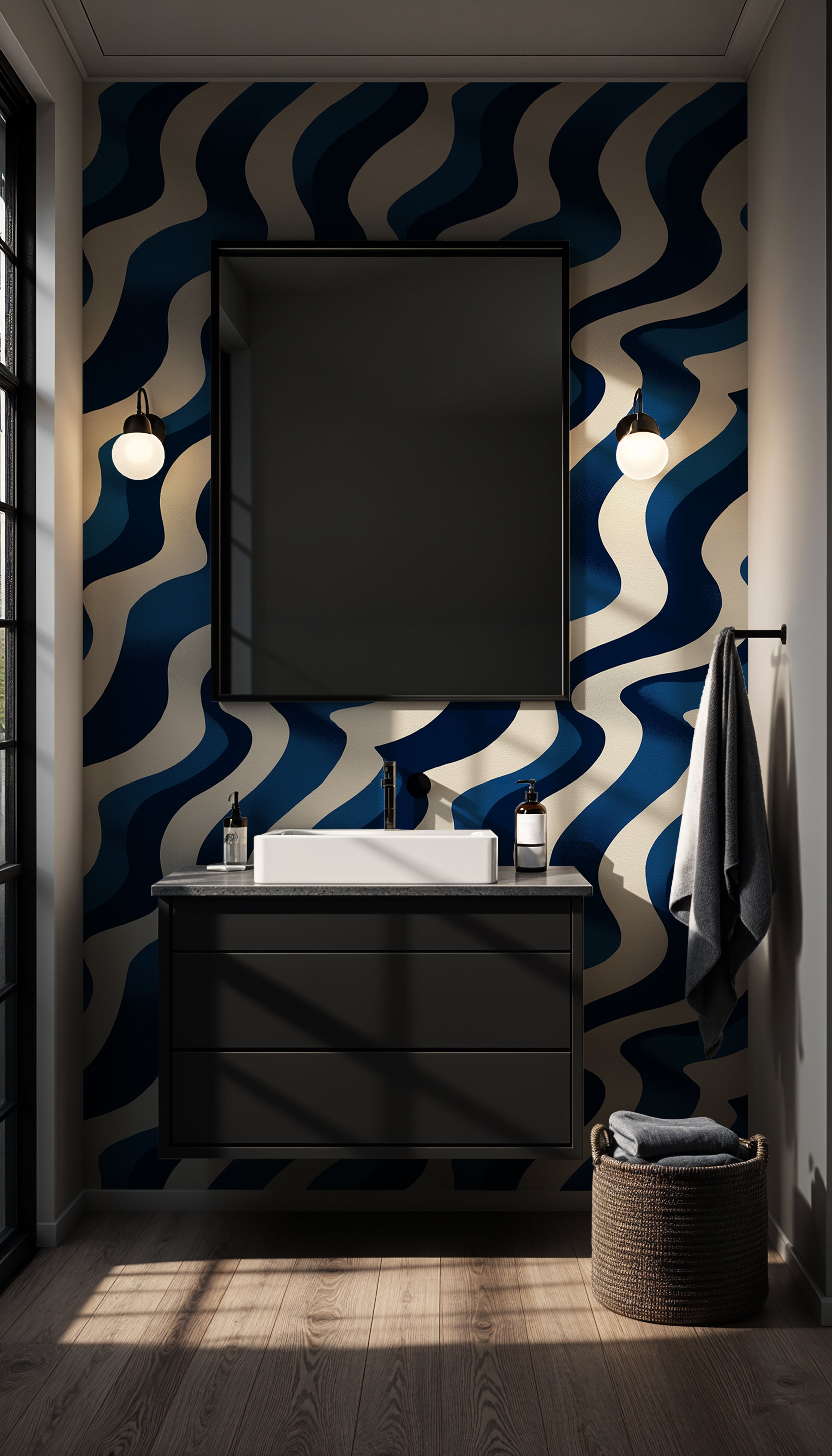 Abstract navy blue and white stripe wallpaper pattern

Wavy line wallpaper in navy and off white