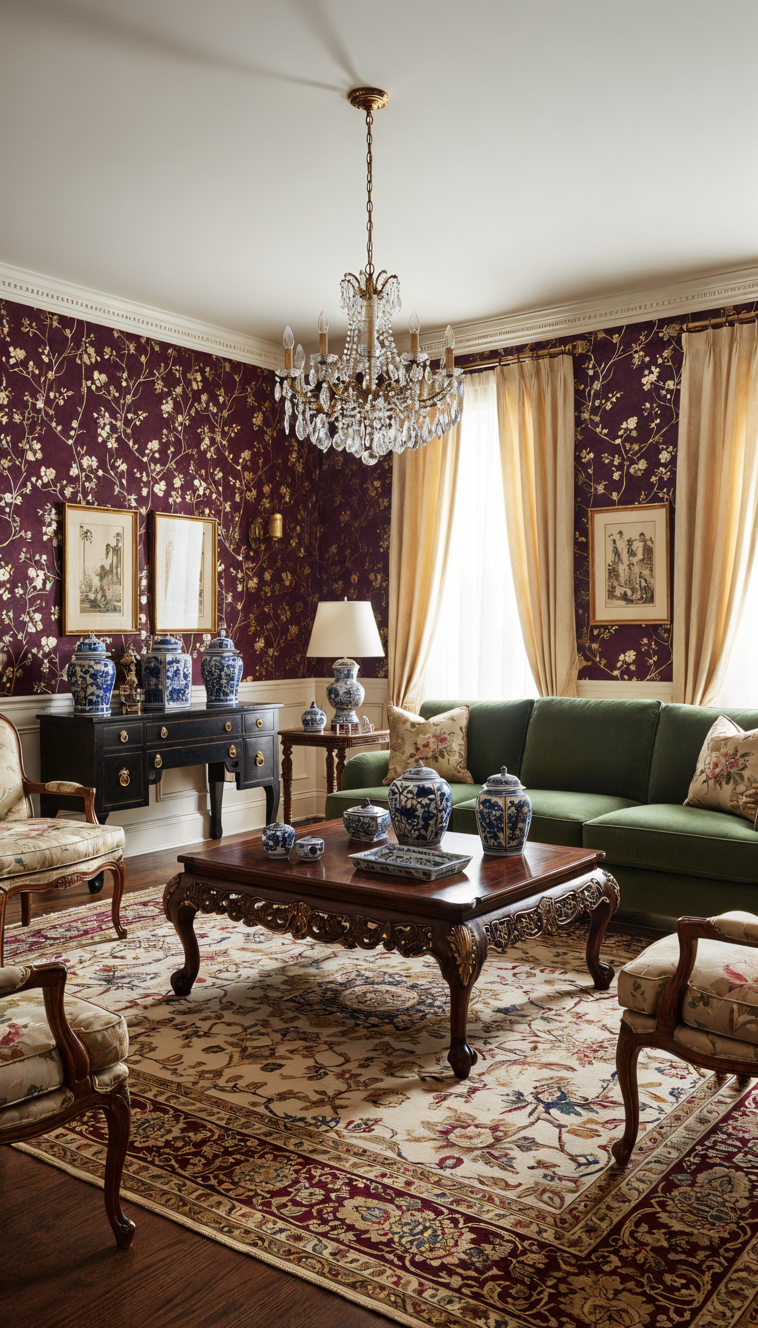 Burgundy and gold floral wallpaper design

Hand painted gold blossoms on burgundy