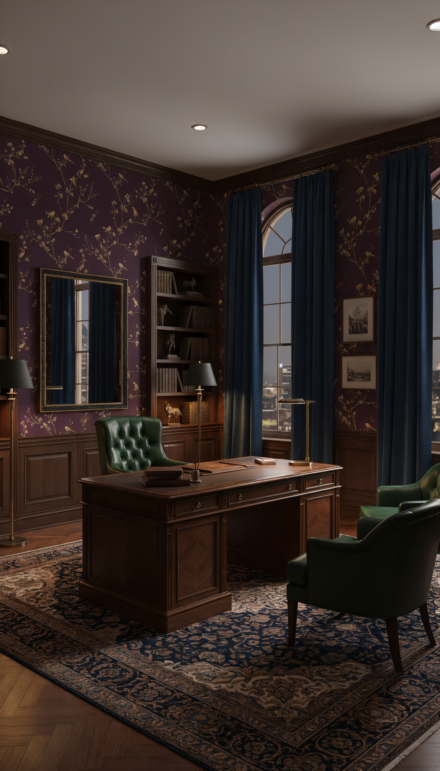 Burgundy wallpaper with birds and branches
Plum floral mural with beige blossoms