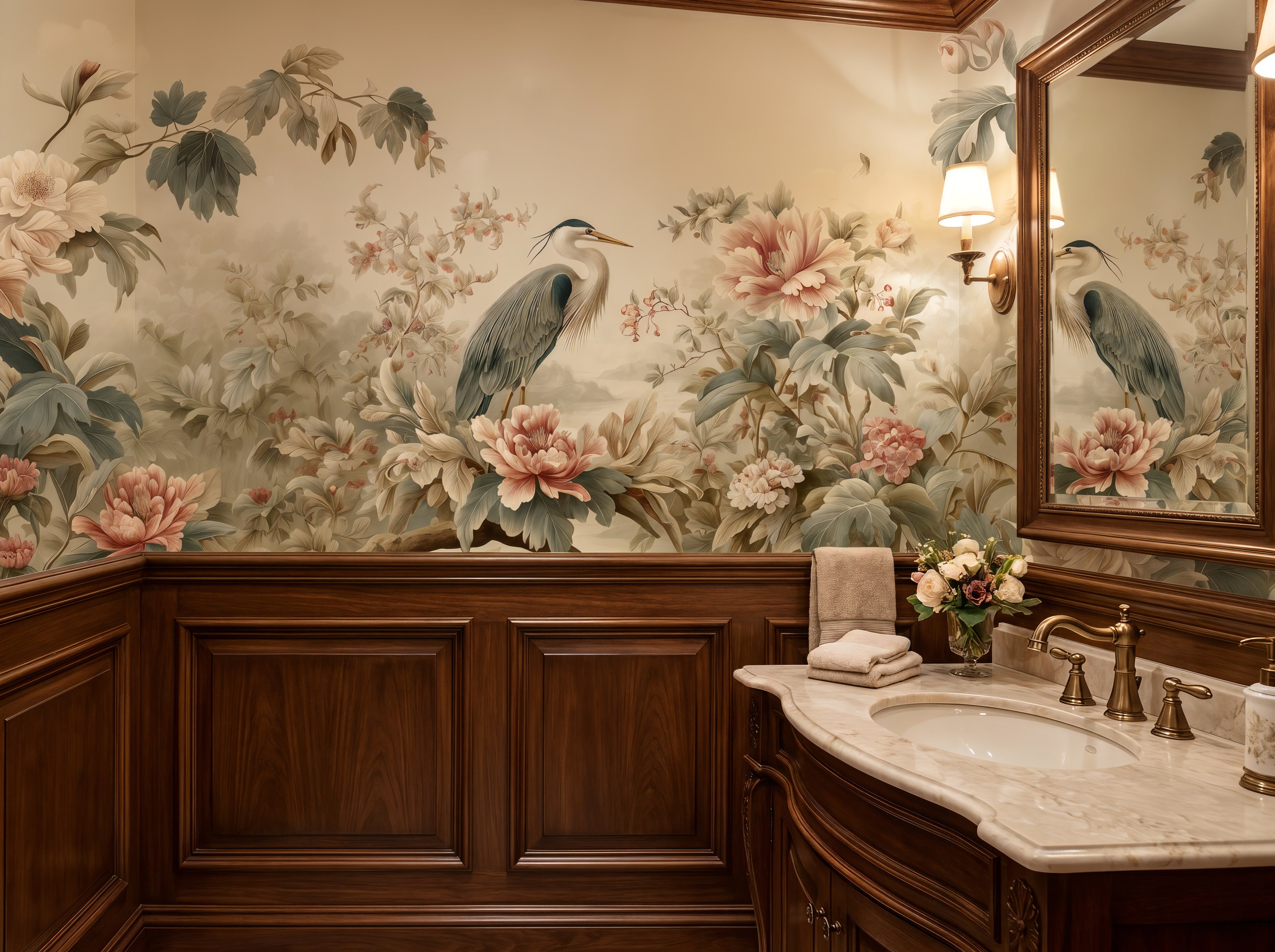 chinoiserie mural crane and peony flowers
oriental wallpaper with bird and florals
