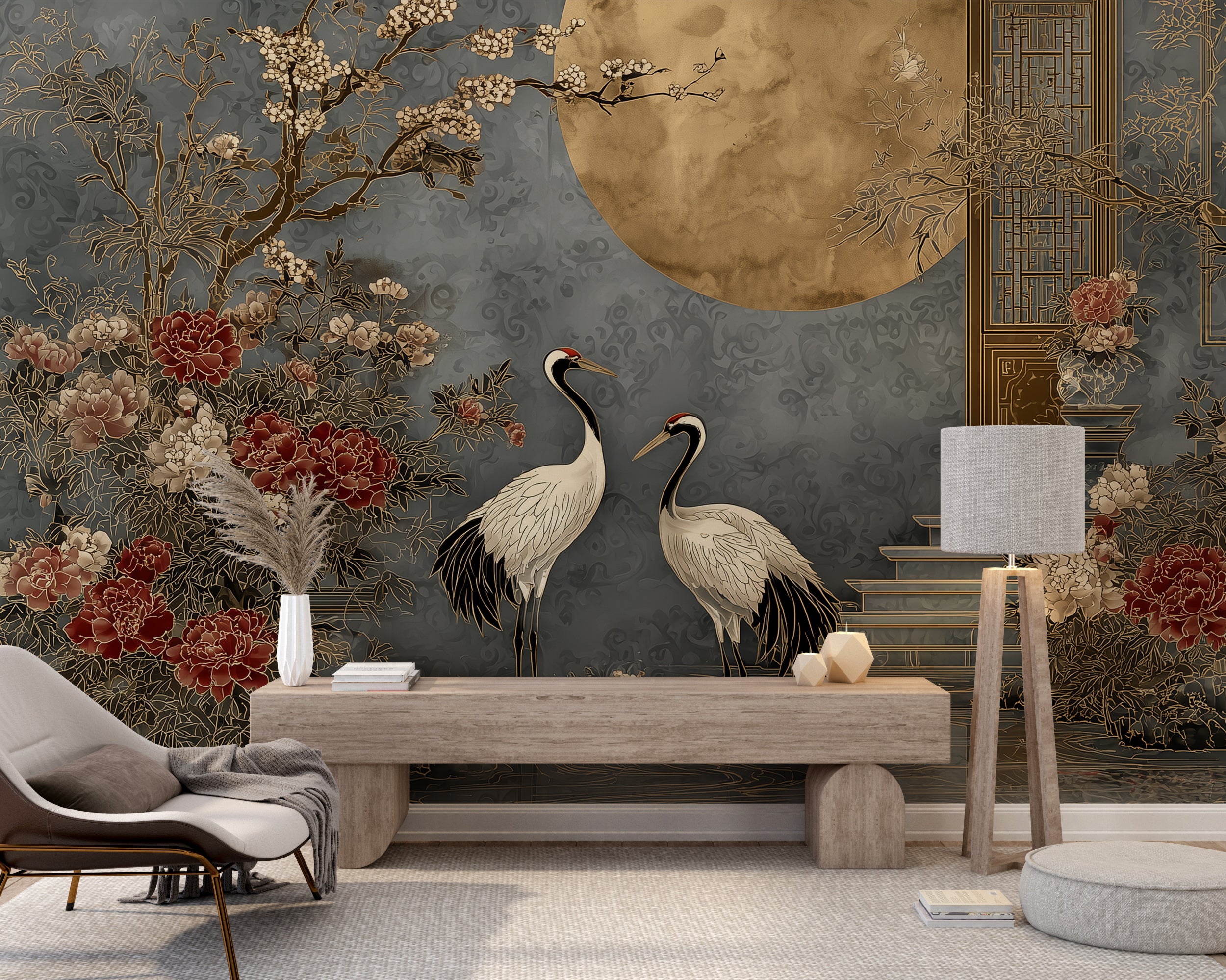 chinoiserie crane moon garden wall mural
oriental wallpaper cranes and peony flowers