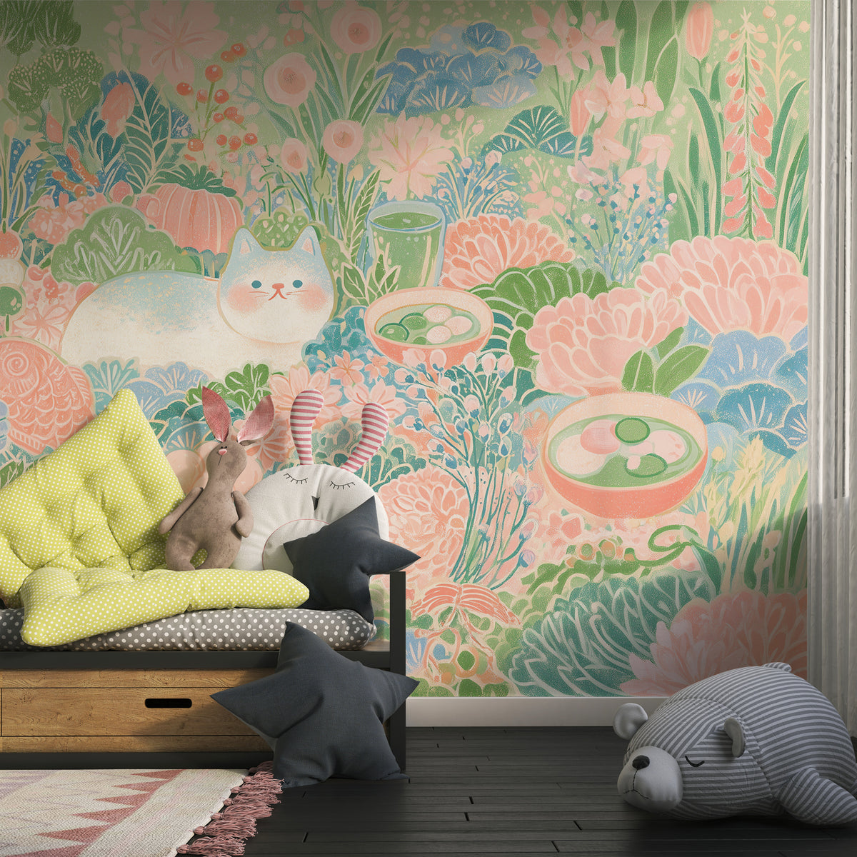 Japanese Cat Wall Mural Kawaii Floral Garden Nursery Wallpaper Cute Japan Garden Matcha Tea Botanical Whimsical Illustrated Wallpaper