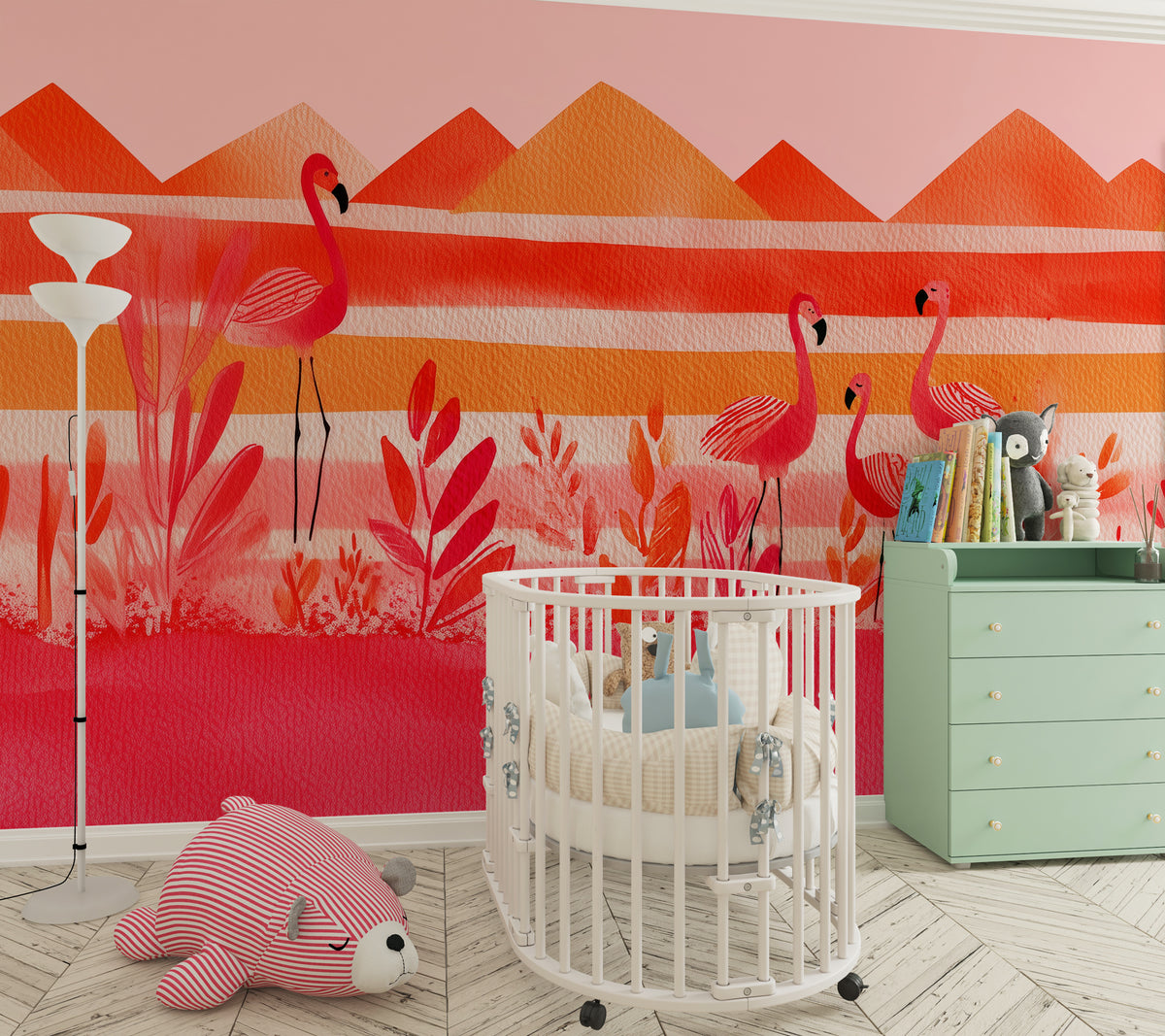 Artistic flamingo wall mural with hand painted watercolor texture
Pink flamingo nature mural with geometric mountain background