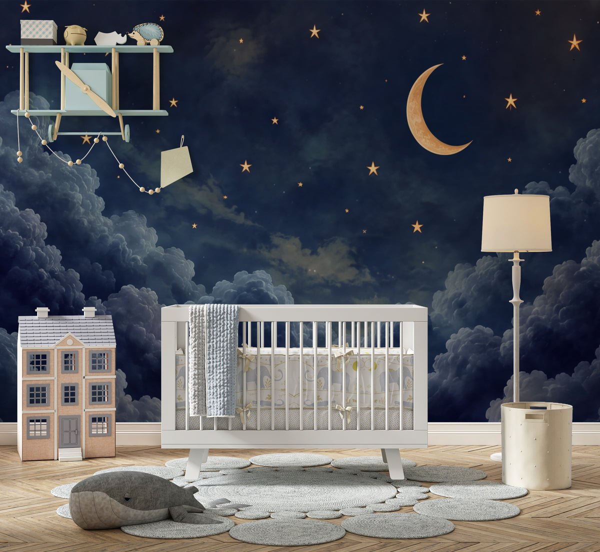 Moon And Stars Wall Mural Dark Blue Night Sky Clouds Celestial Wallpaper Crescent Moon Starry Sky Cloud Wallpaper Kids Wallpaper