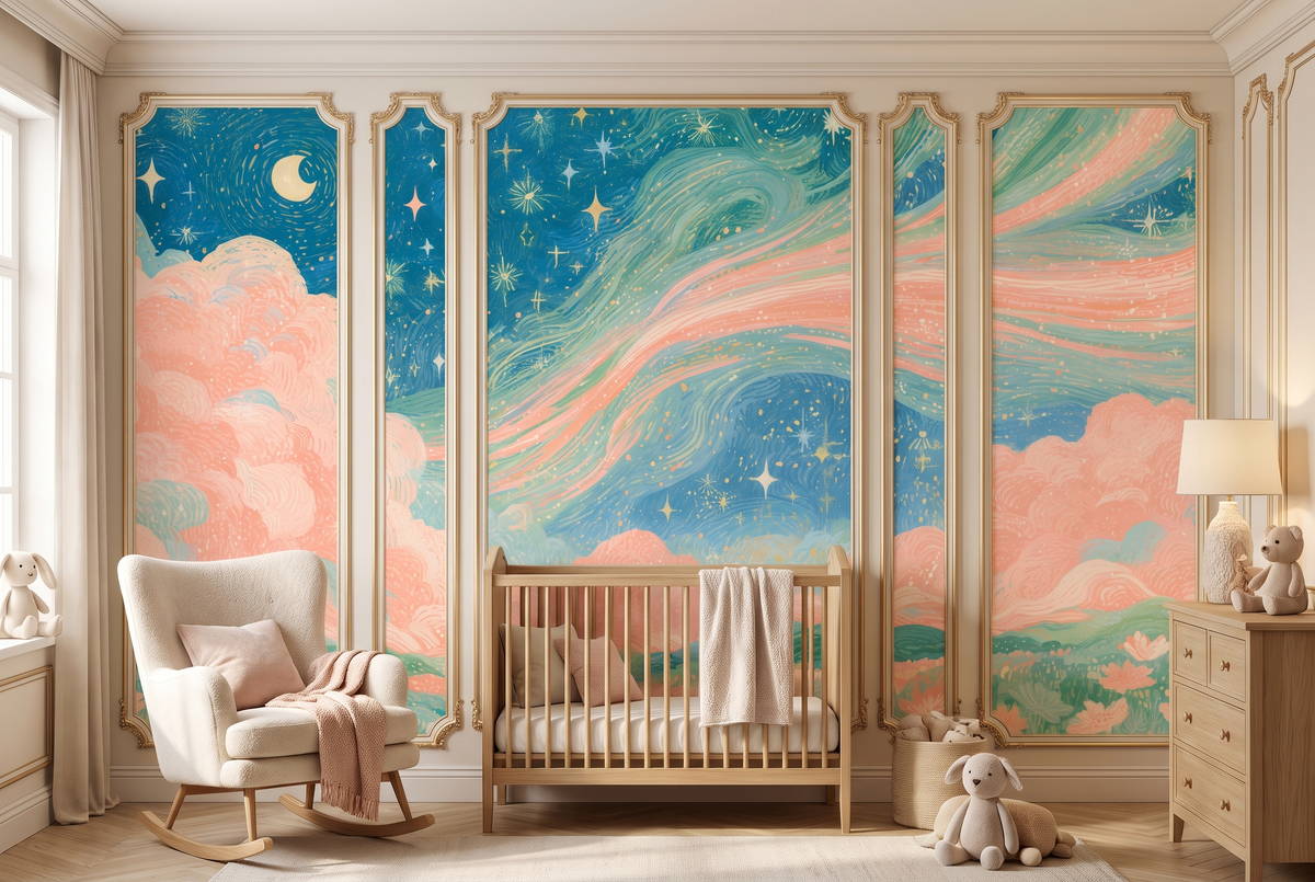 Pastel moon and stars wallpaper with dreamy cloud landscape
Storybook sky wall mural with crescent moon stars and flowers