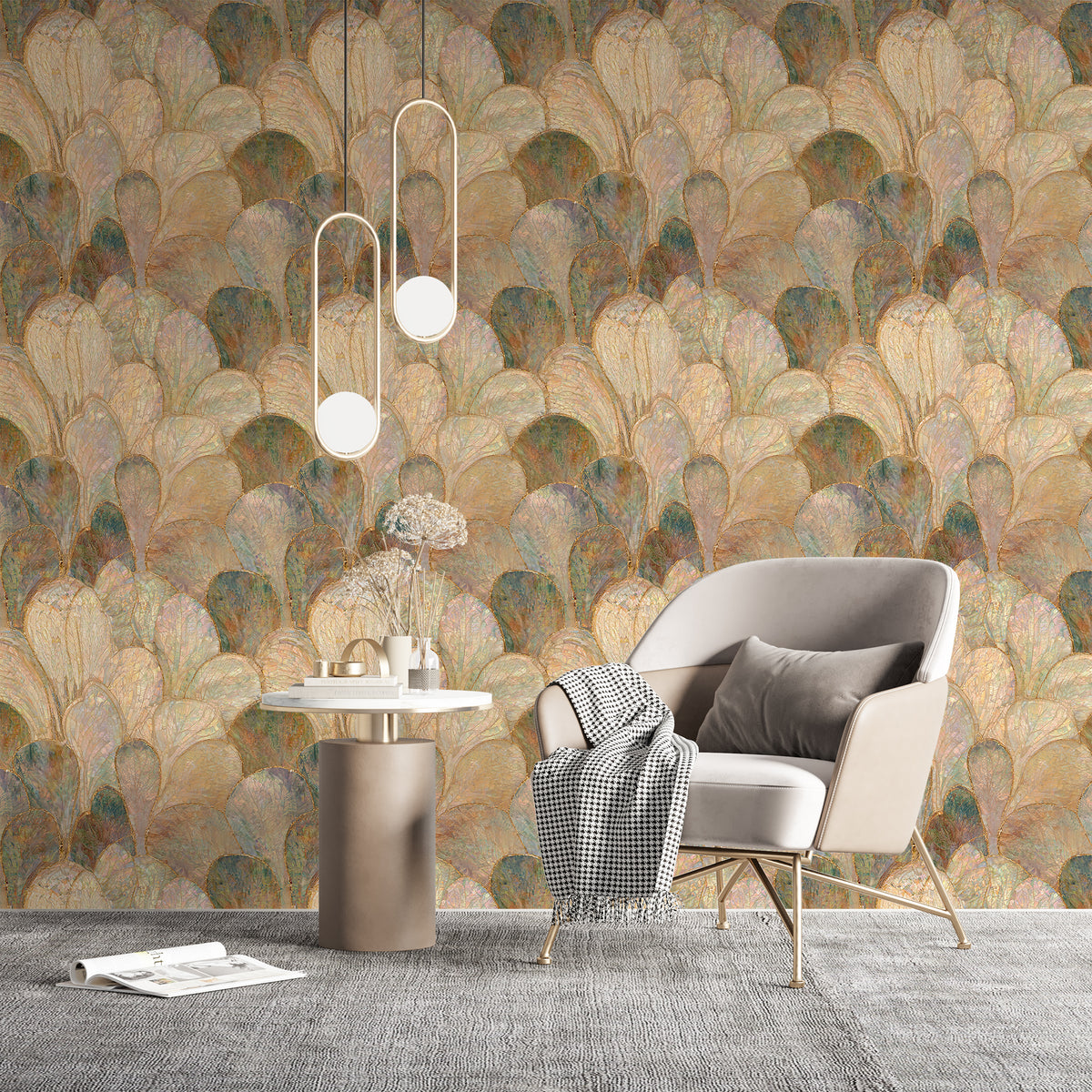 Vintage inspired iridescent leaf wallpaper with mosaic effect
Luxury Art Nouveau wallpaper with pearlescent botanical pattern