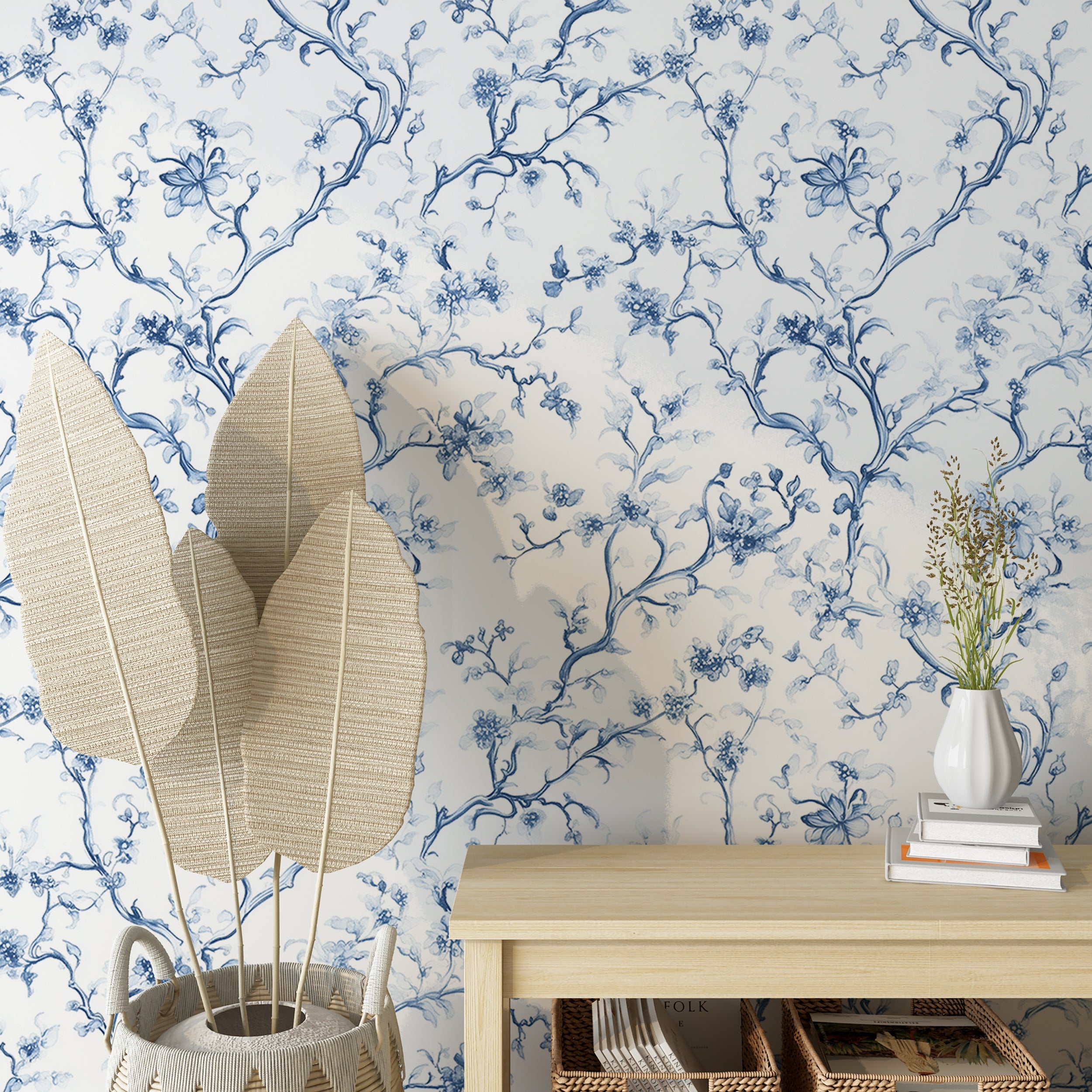 Classic French botanical wallpaper in blue and white
Peel and stick Toil de Jouy wall decor for stylish interiors