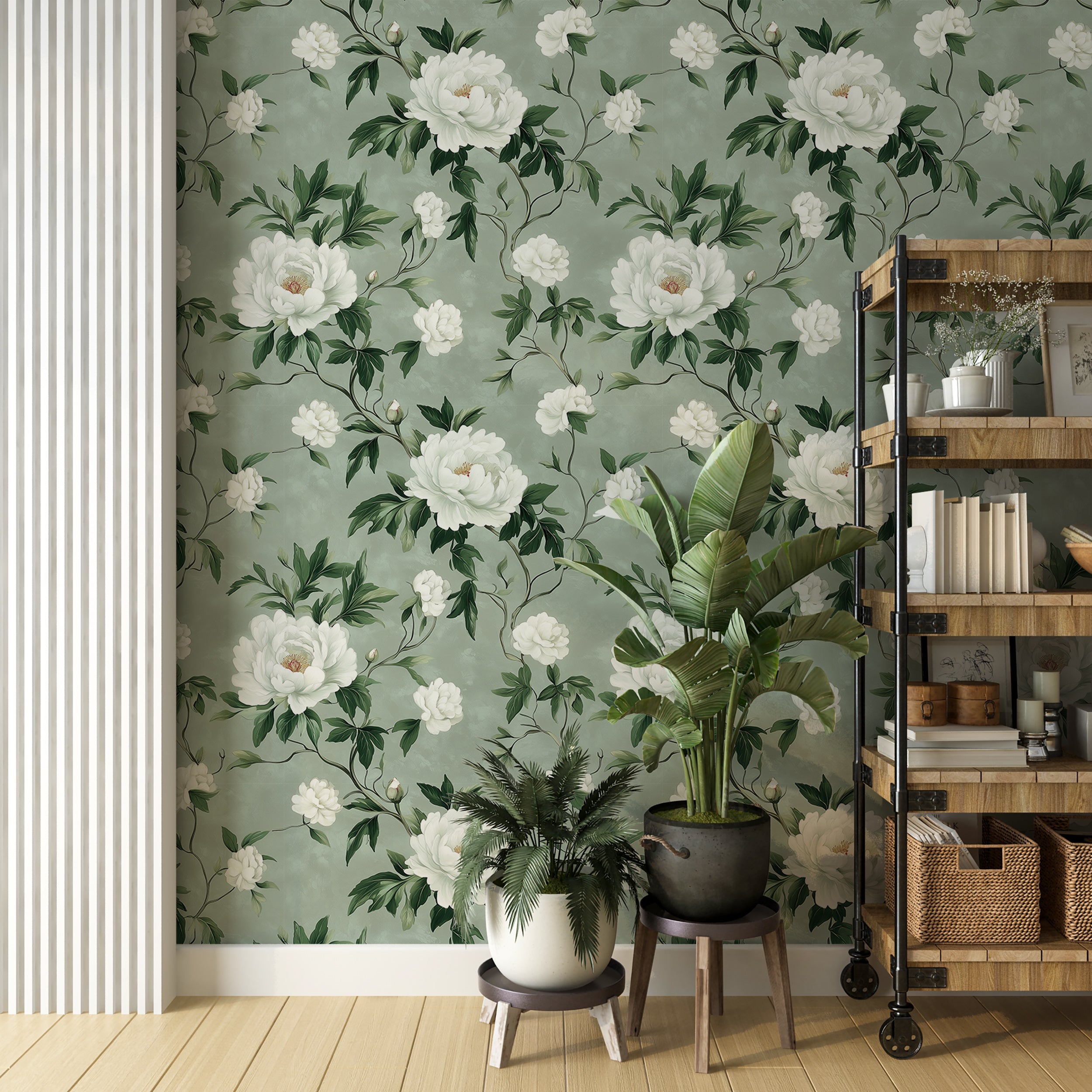 Green floral wallpaper with white flowers for vintage decor
Peel and stick botanical wallpaper with green plaster background