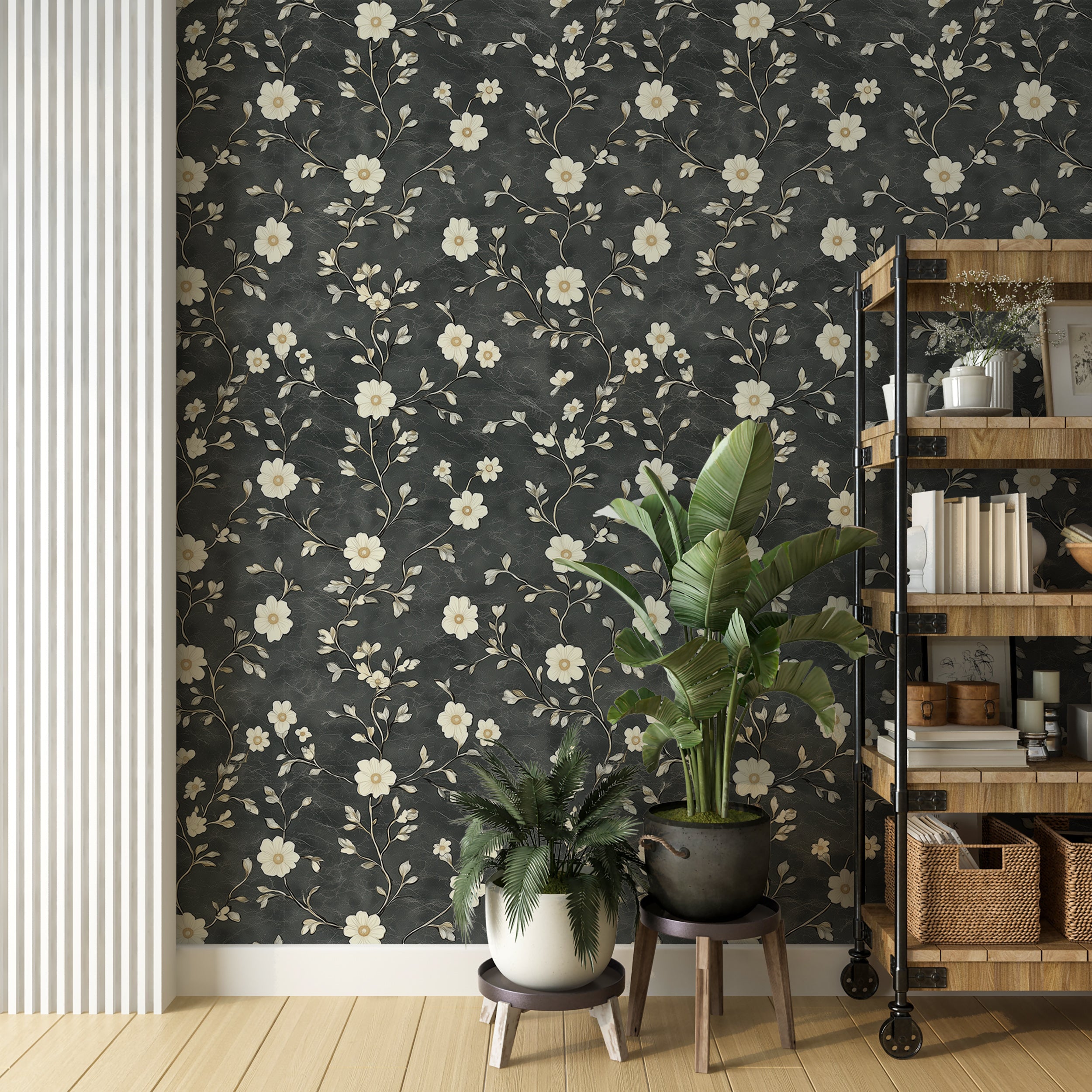 Dark botanical wallpaper for living rooms and bedrooms
White floral branches on dark grey background wall decor