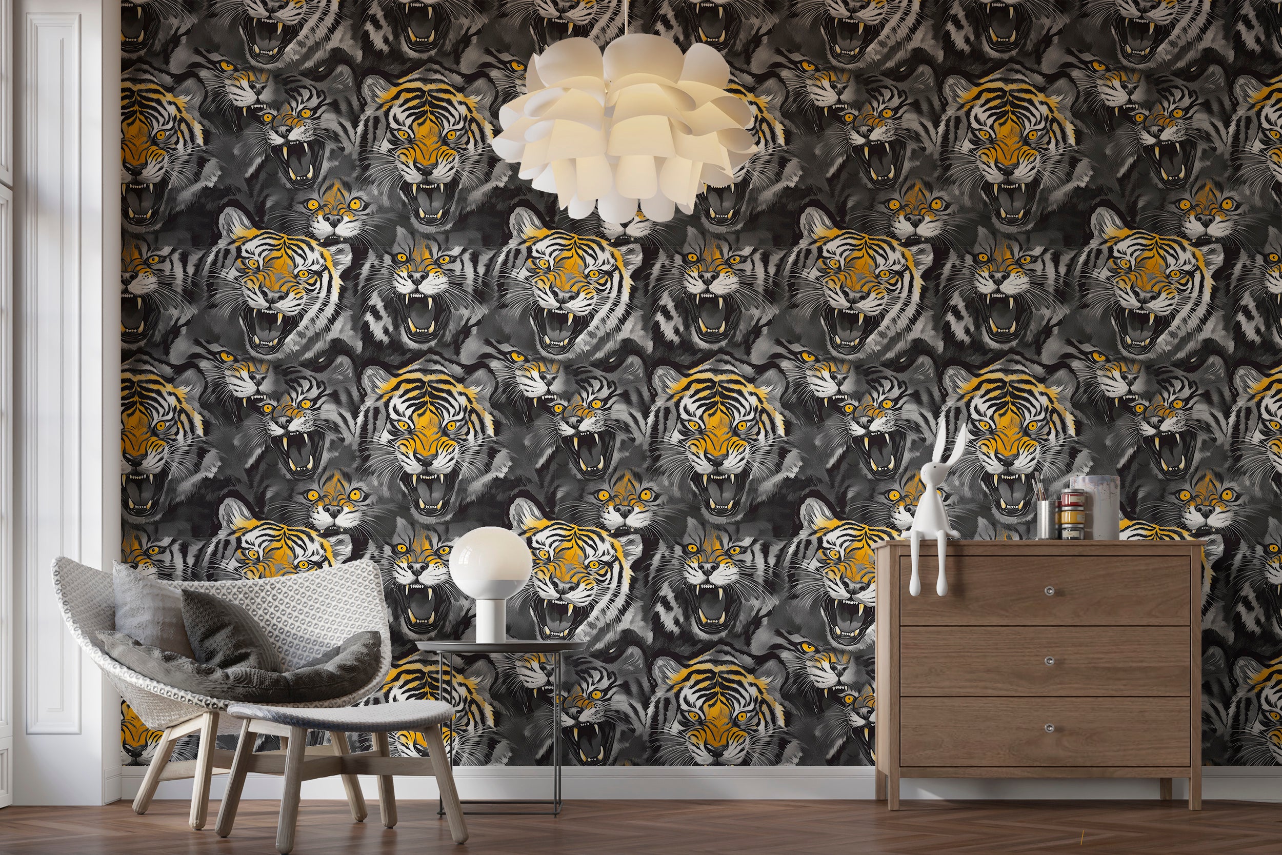 Safari-inspired tiger print wallpaper for adventurous decor
Dark animal print wallpaper for unique wall art