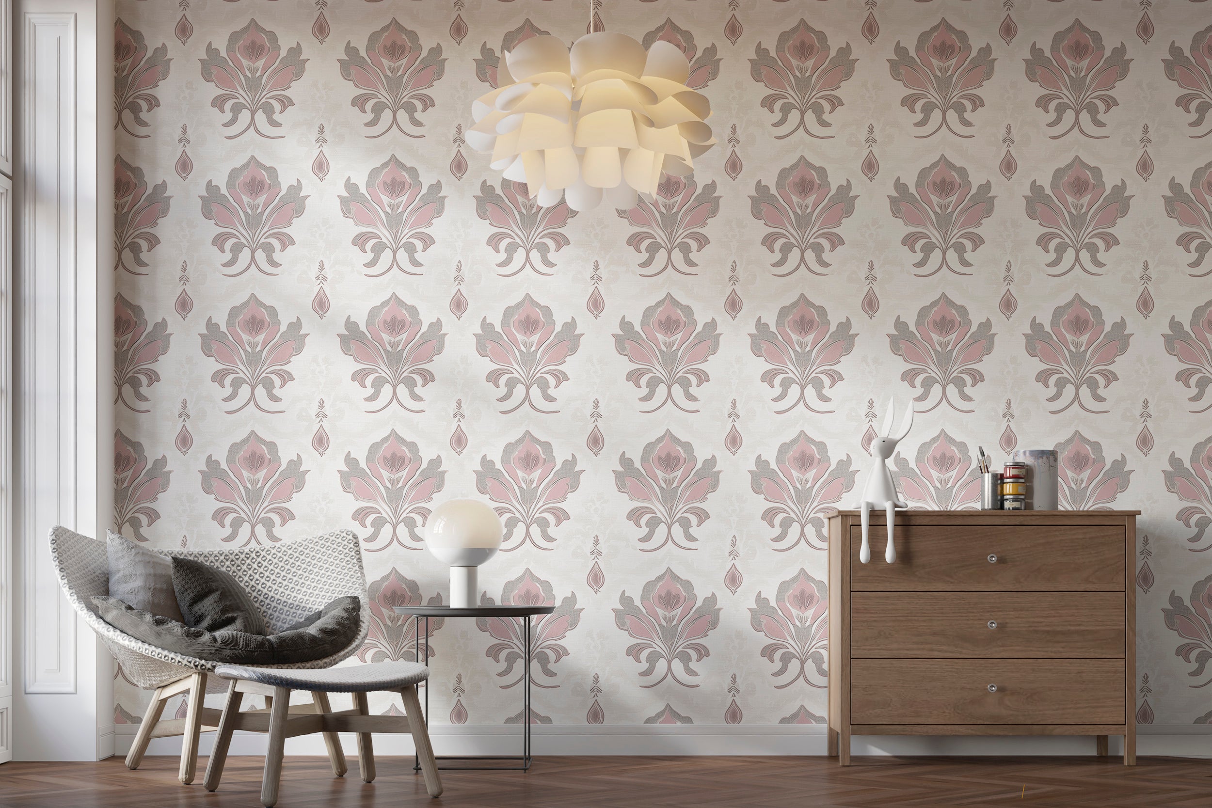 Soft pink classic pattern wallpaper for vintage decor
Peel and stick light traditional wallpaper for elegant spaces