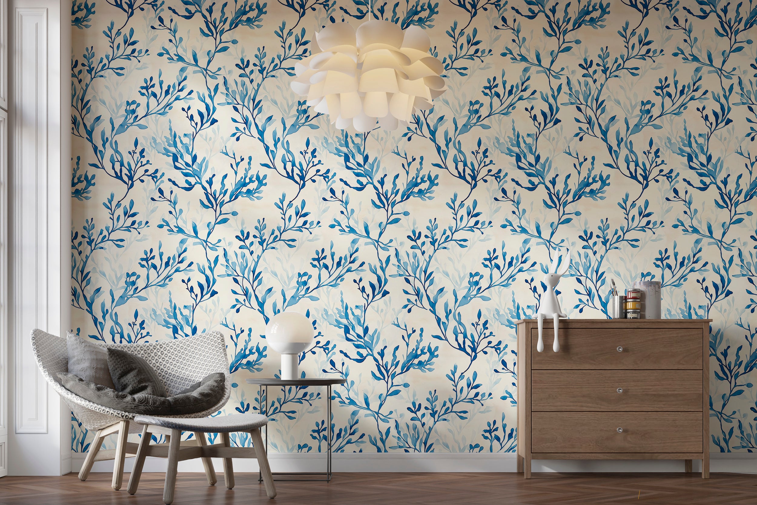 Blue branches wall decor for ocean-inspired spaces
Watercolor botanical wallpaper for serene wall decor