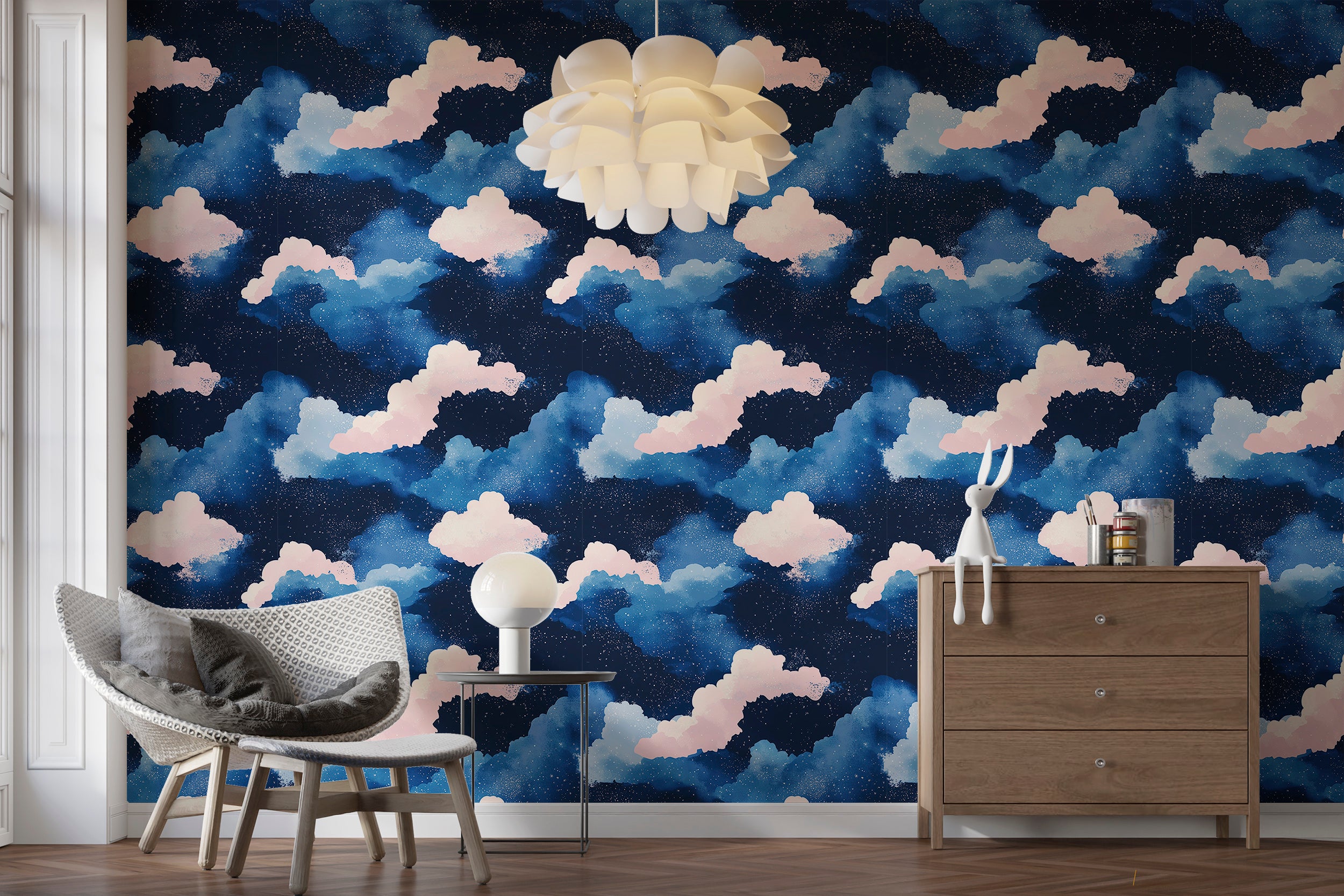 Cloudy sky wallpaper for dreamy nursery decor
Starry night peel and stick wallpaper for playrooms