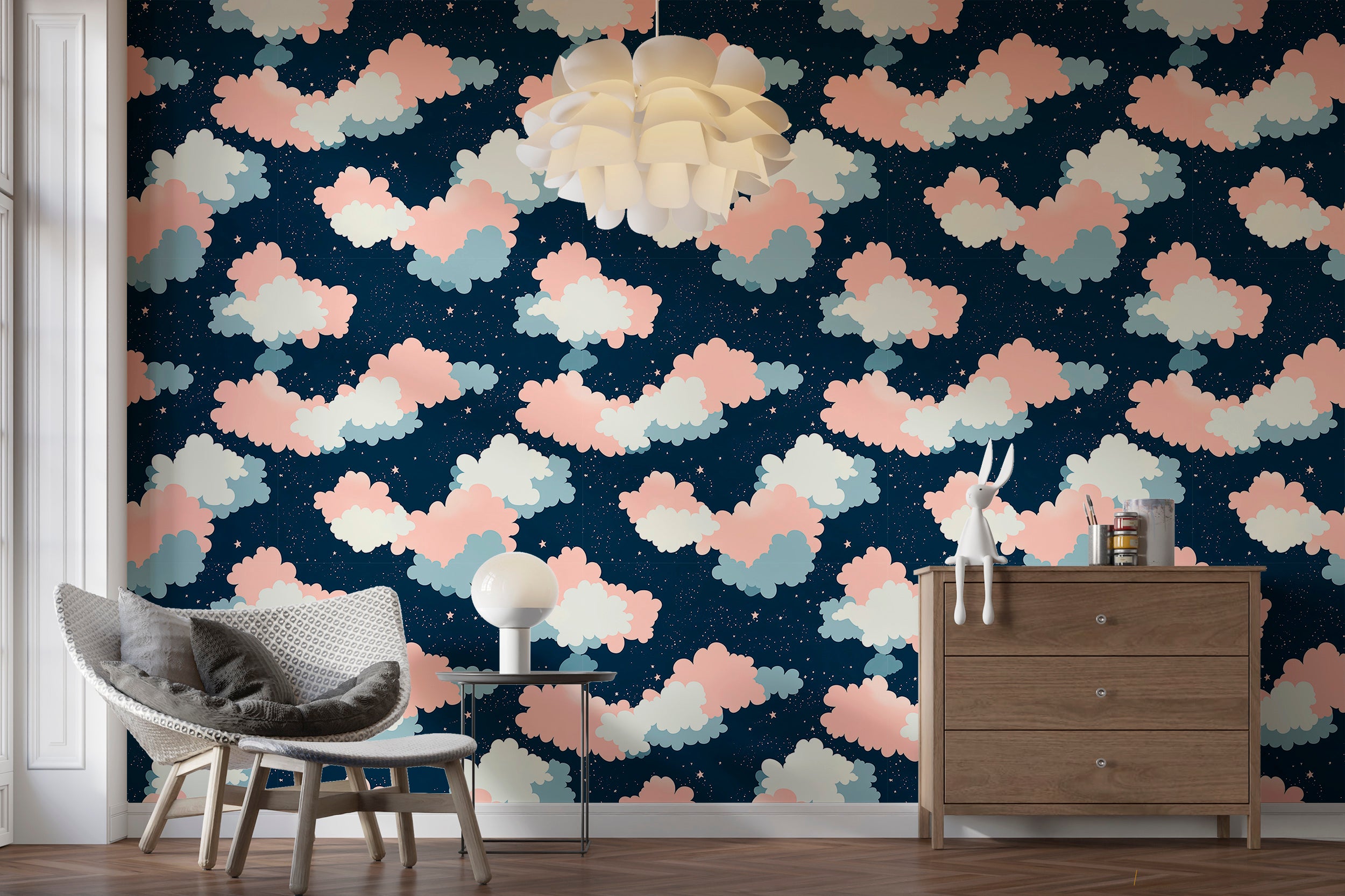 Cloudy night sky wallpaper with pastel colors for children’s decor
Peel and stick night sky wallpaper for baby rooms