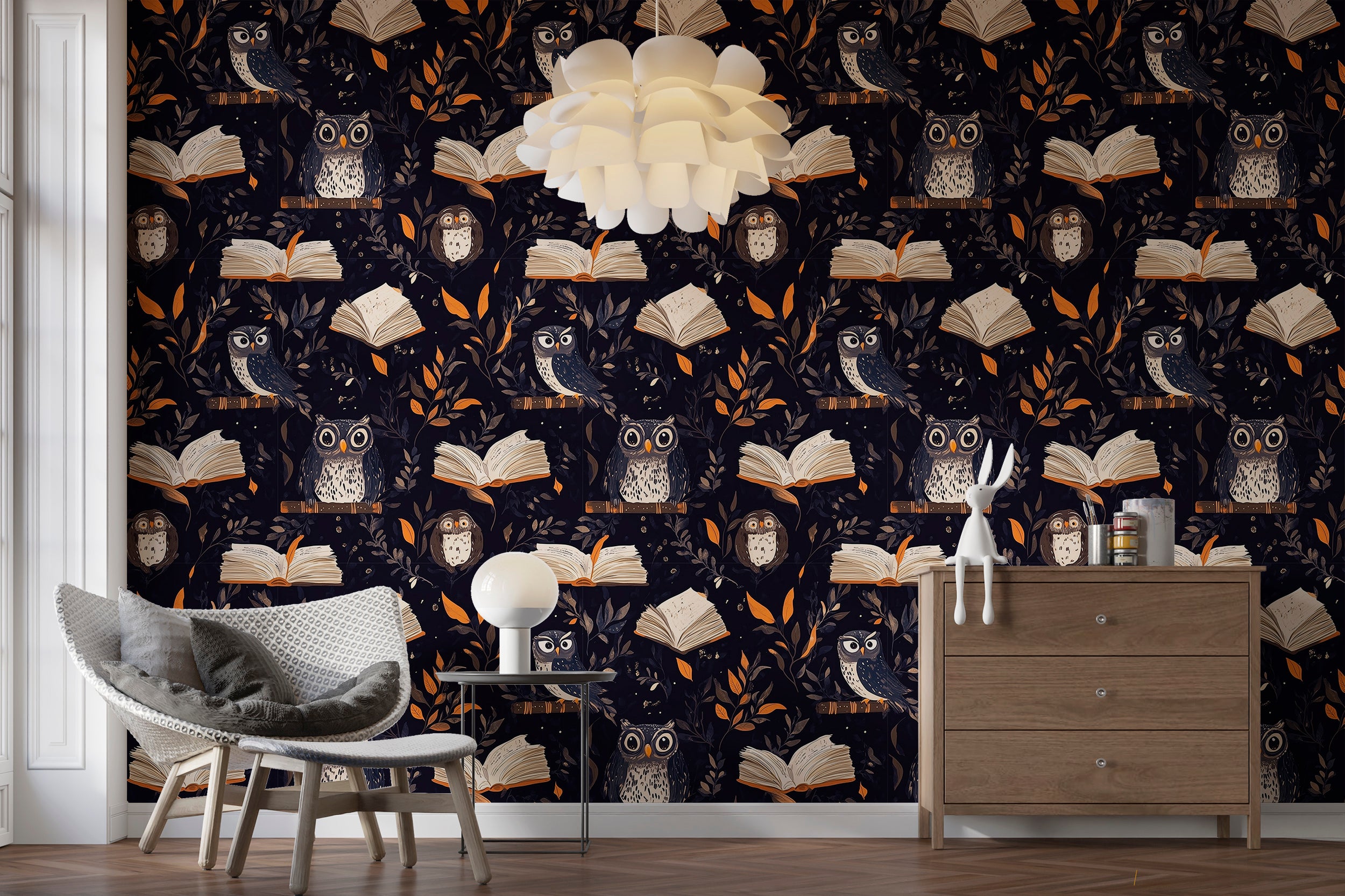 Magic school peel and stick wallpaper for fantasy-inspired rooms
Owls and books print wallpaper for study rooms and bedrooms